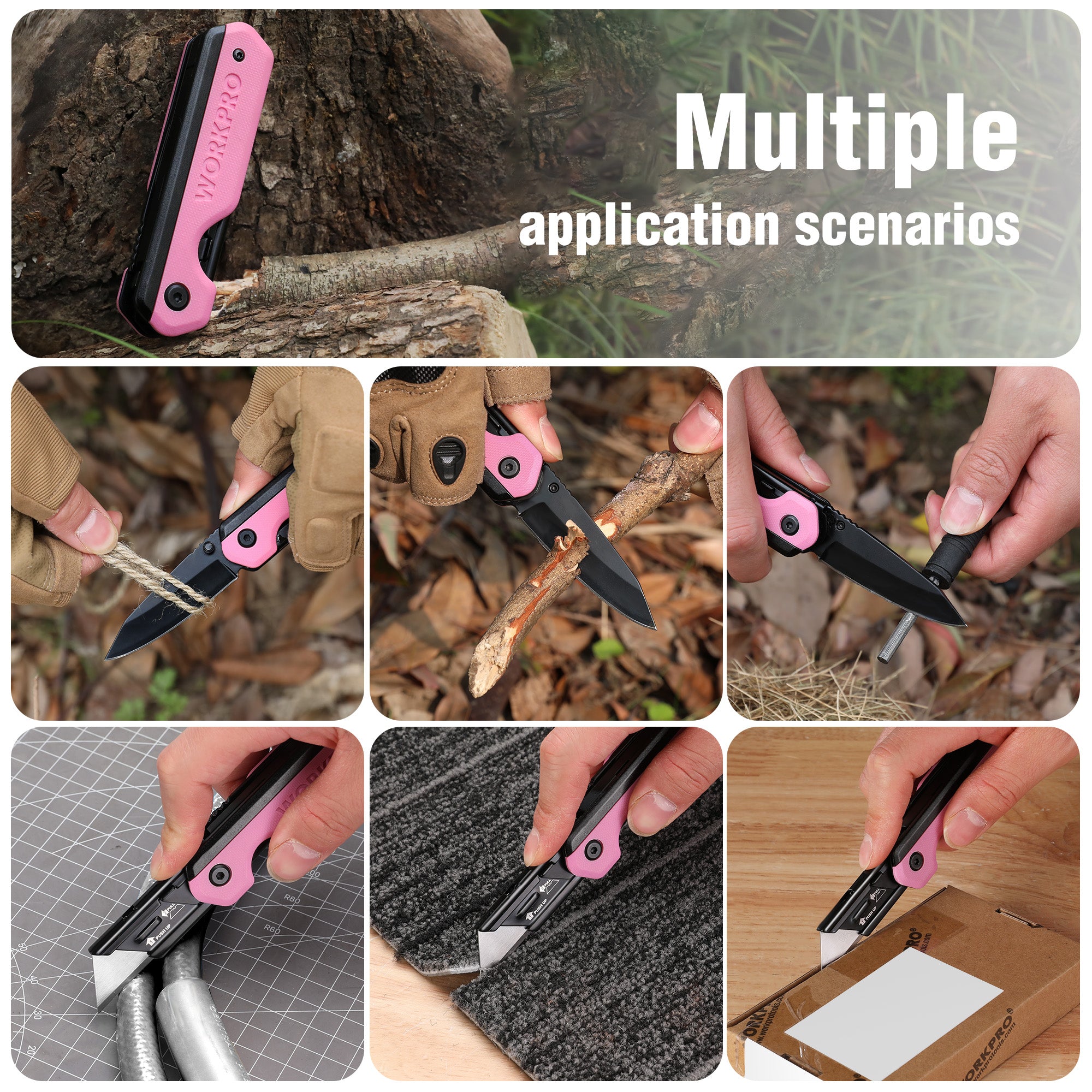 WORKPRO 2-in-1 Folding Knife, Quick-Change Box Cutter with Belt Clip, Liner Lock, and G10 Handle, Extra 10 SK5 Blades Included - Pink Ribbon