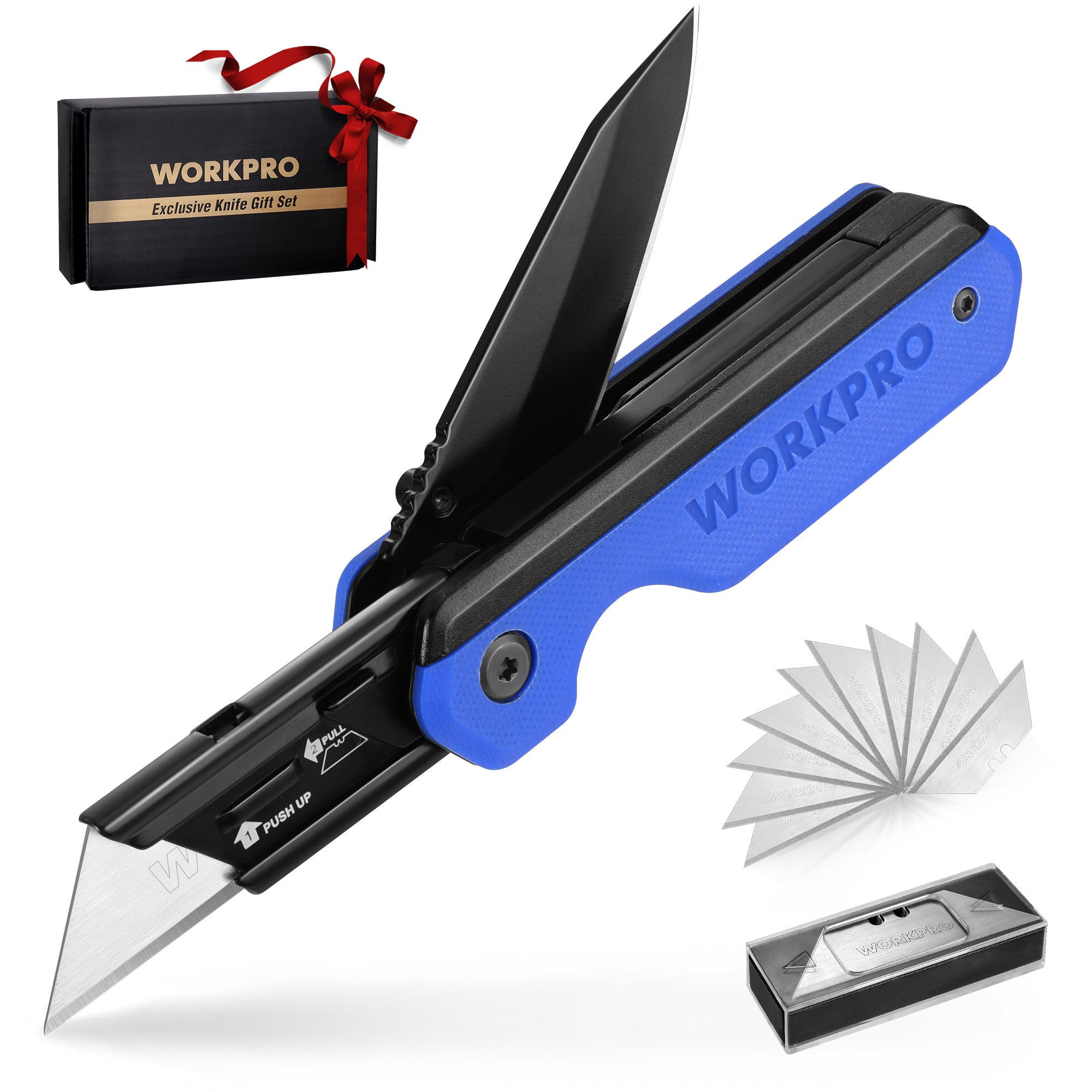 WORKPRO knife set with blue handle, gift box, and additional blades on a white background