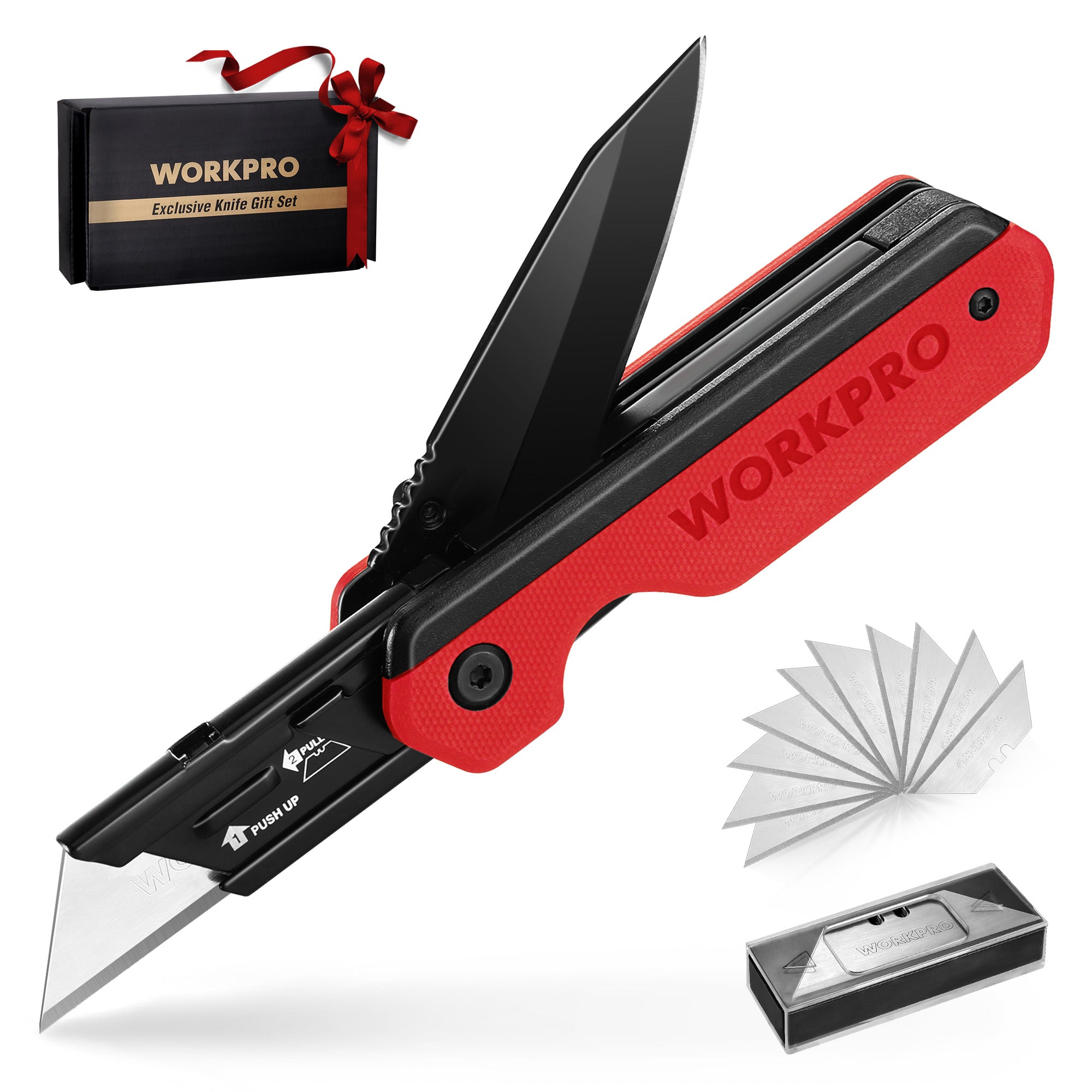 Red folding utility knife with black blade, belt clip, liner lock, and G10 handle