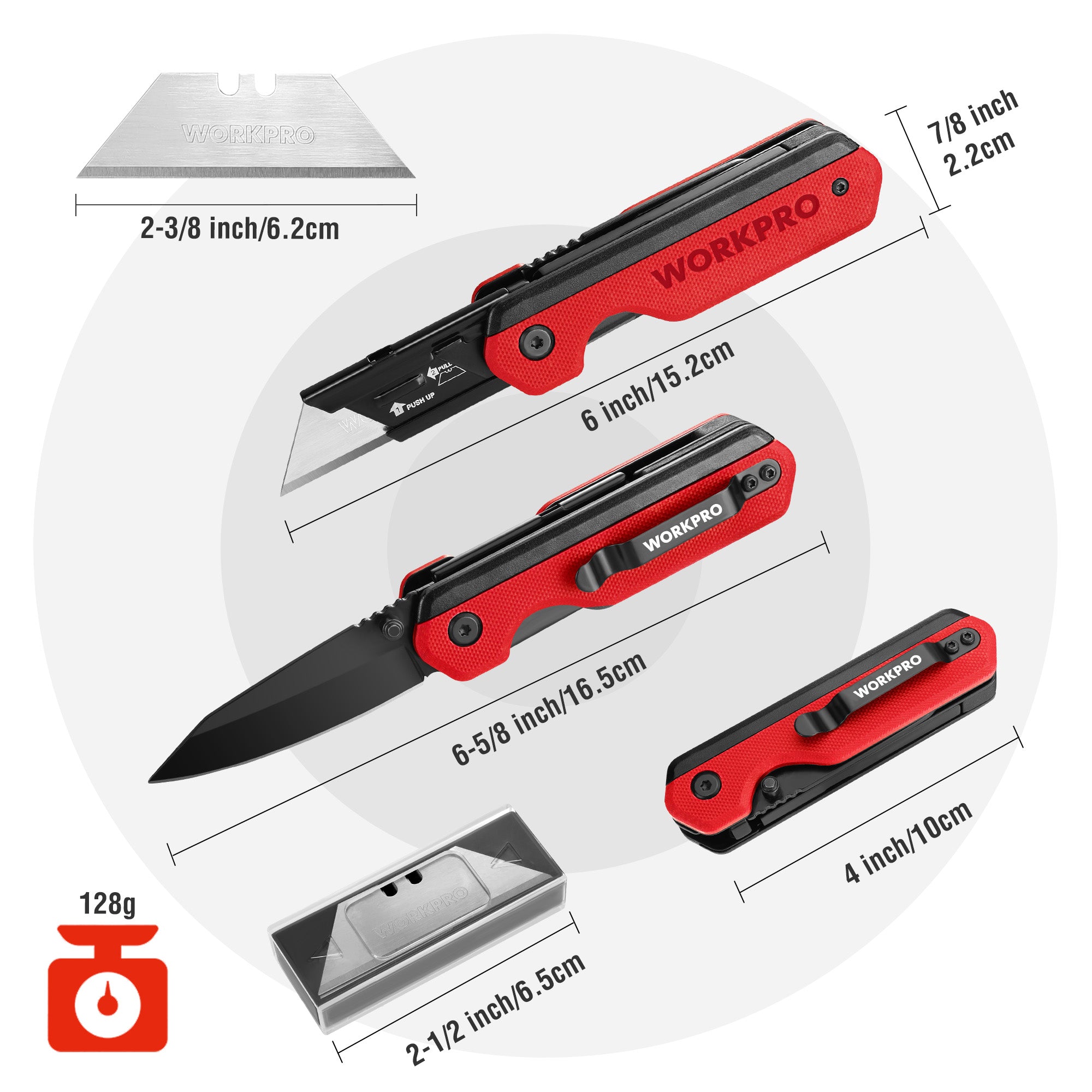 Red 2-in-1 folding utility knife with black blade and box-cutter head, size diagram shown