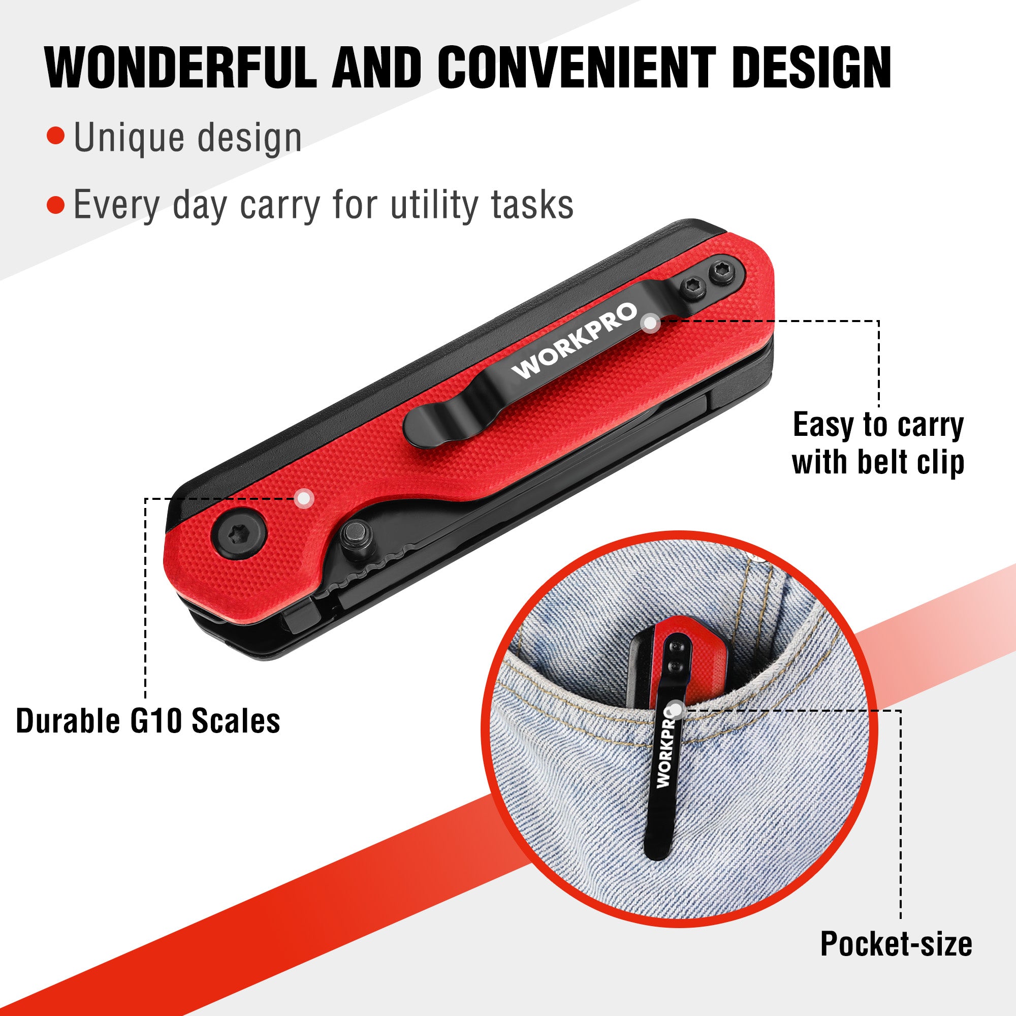 WORKPRO 2-in-1 folding knife with red G10 handle and belt clip, pocket-size.