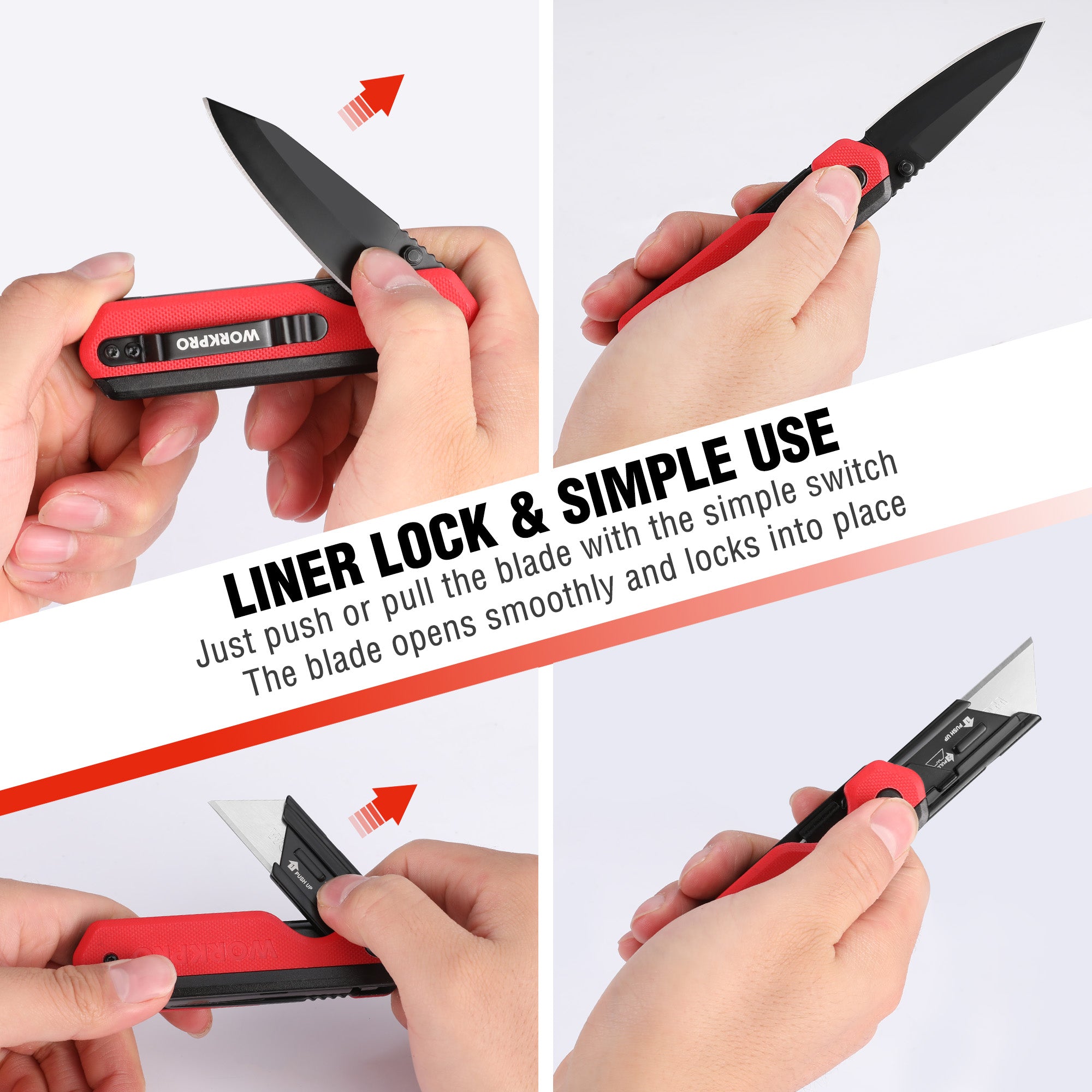 Red folding pocket knife with black blade and liner-lock switch, held in hands