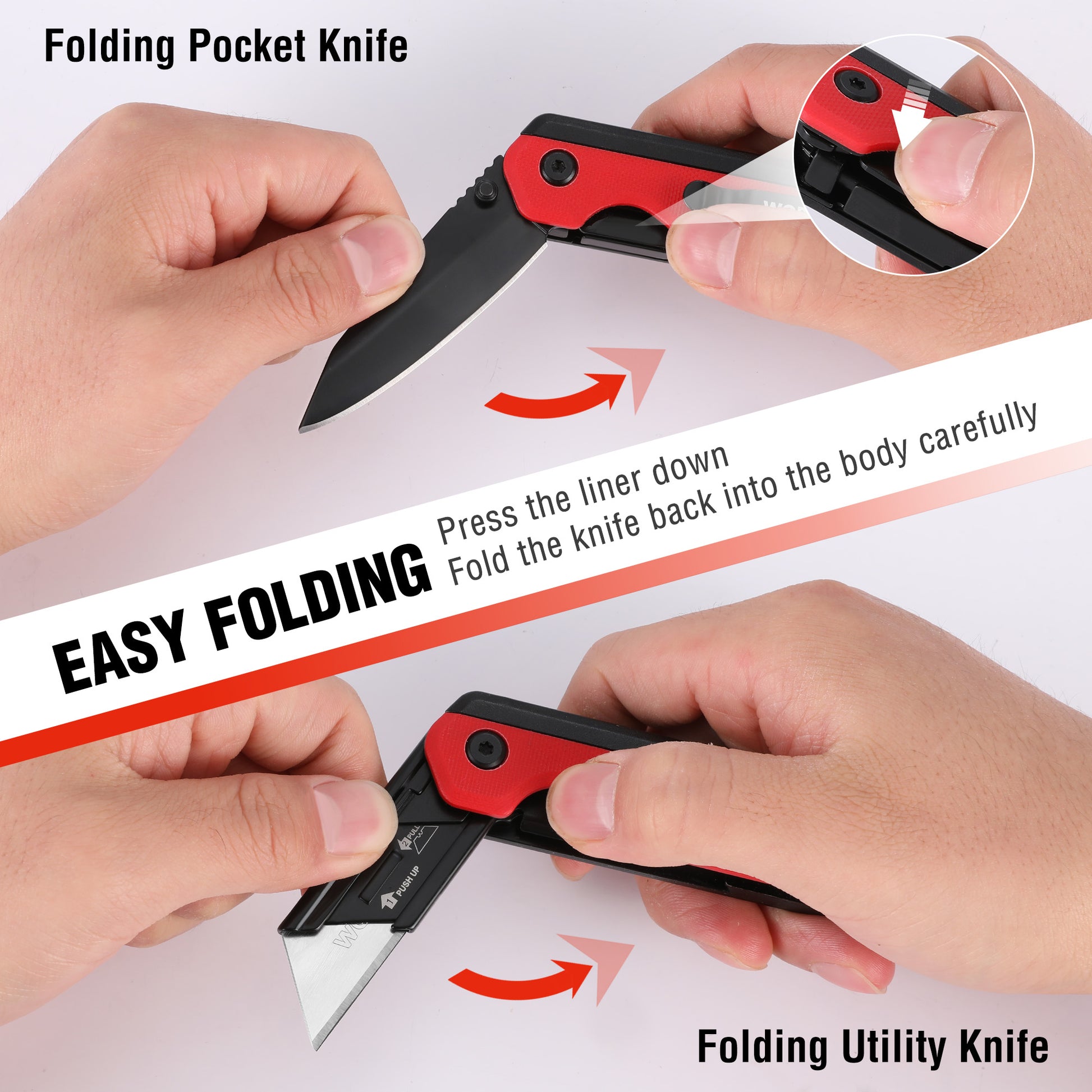 Red folding utility knife with liner-lock, hands folding the blade into the body