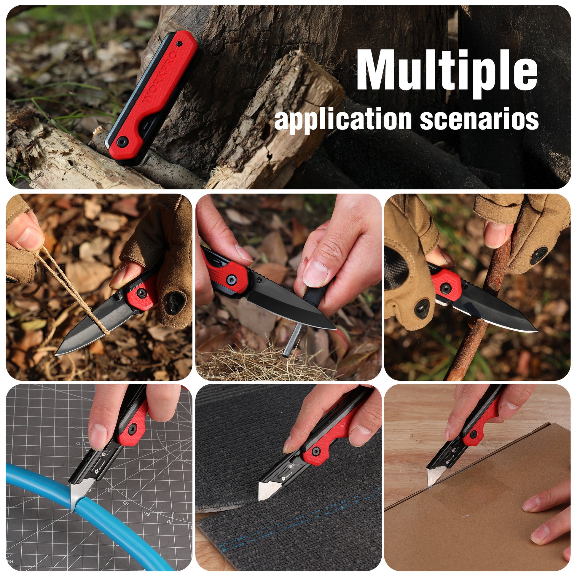 Red folding pocket knife with black blade, outdoors with hands holding the knife