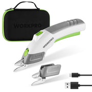 Cordless electric scissors with white and gray body, green accents, and two blades