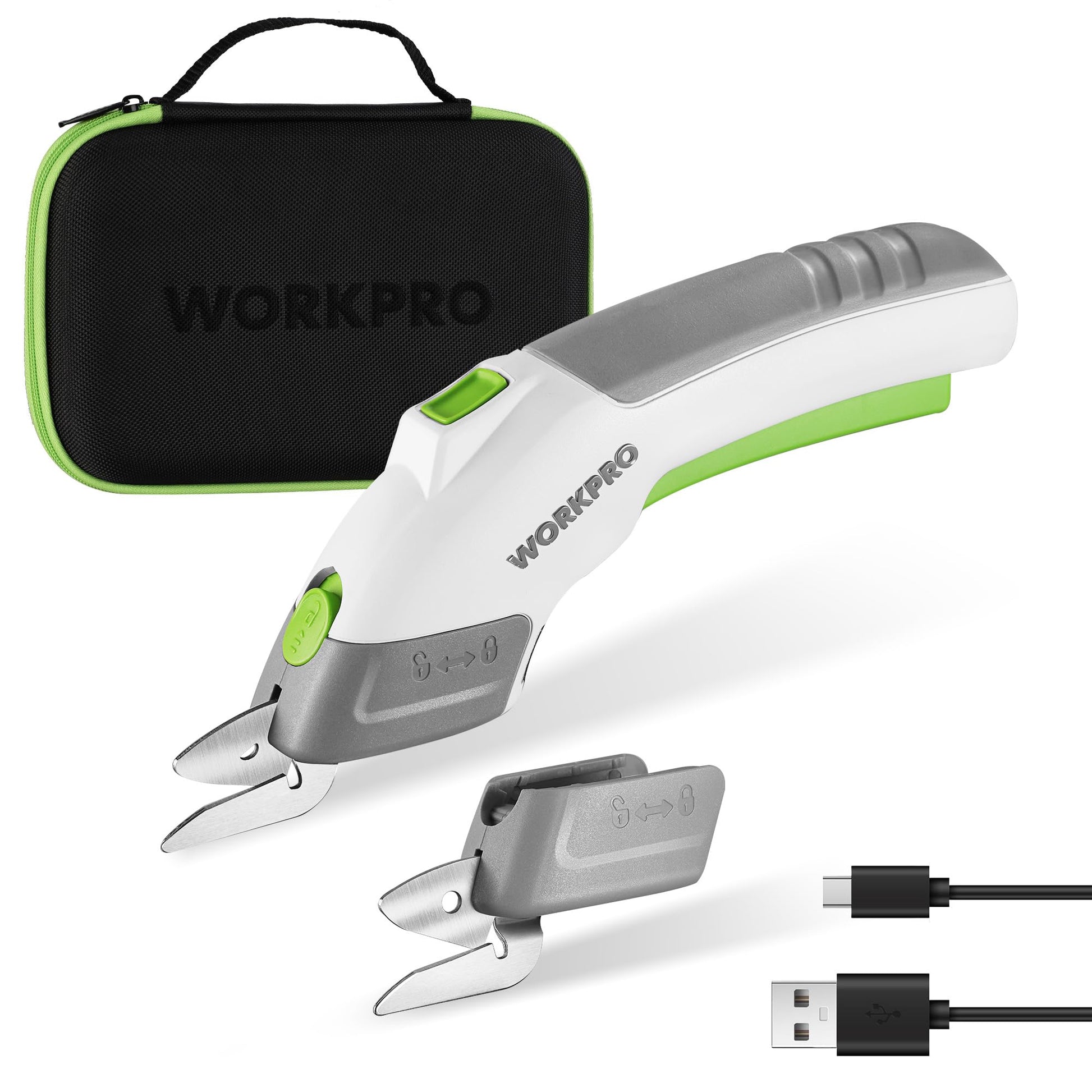 Cordless electric scissors with white and gray body, green accents, and two blades
