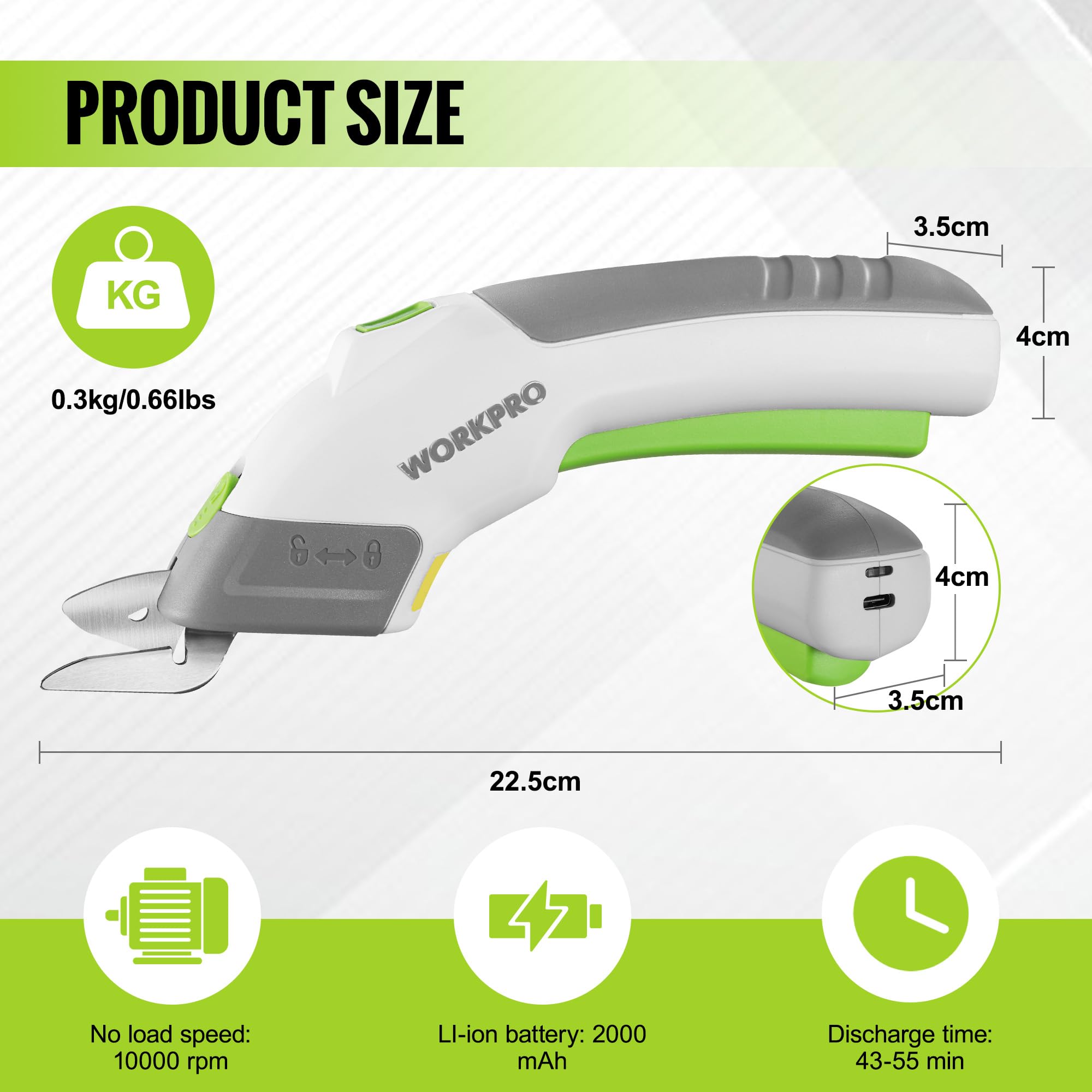 Handheld cordless electric scissors in white, gray, and green with visible blades