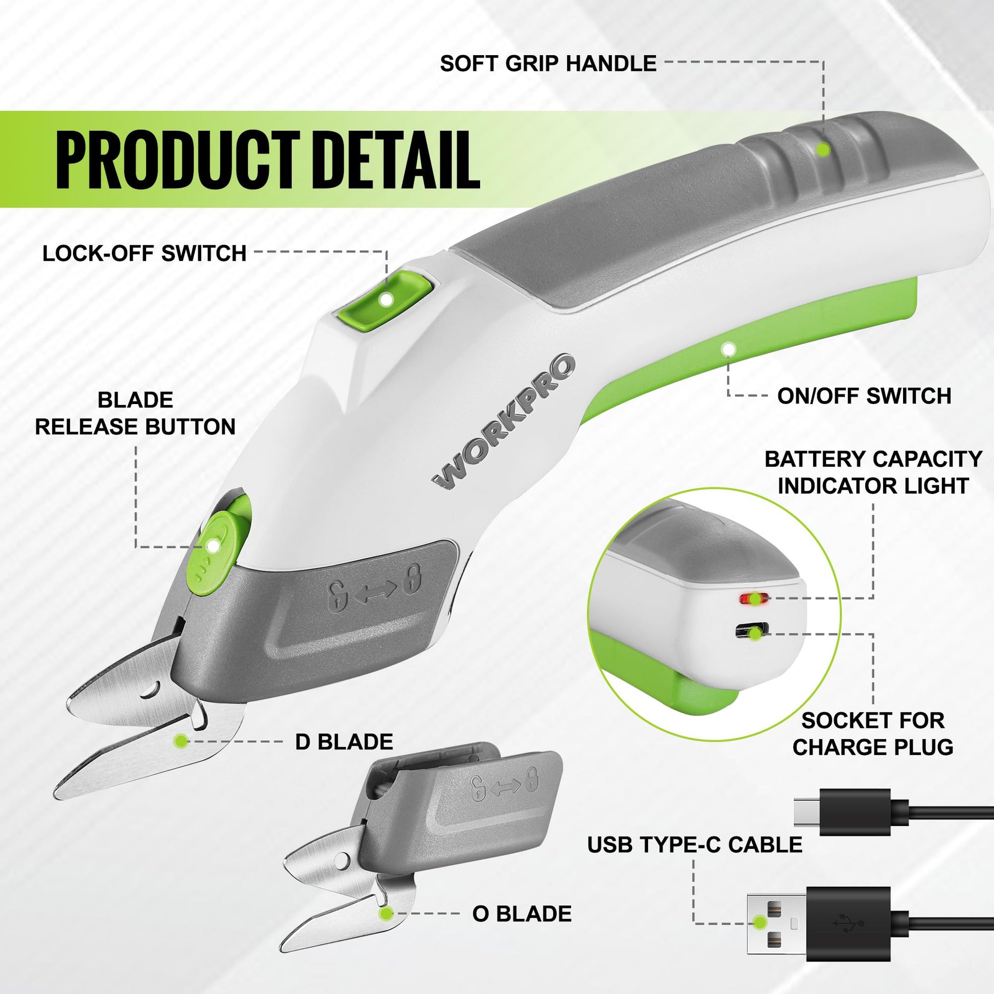 Cordless electric scissors with green switches, blade release button, and front blade