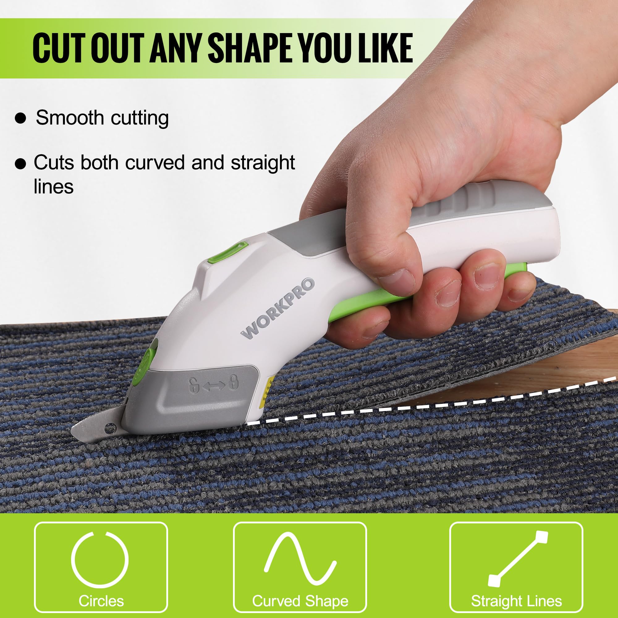 Cordless electric scissors cutting a carpet edge, white body with green handle accents