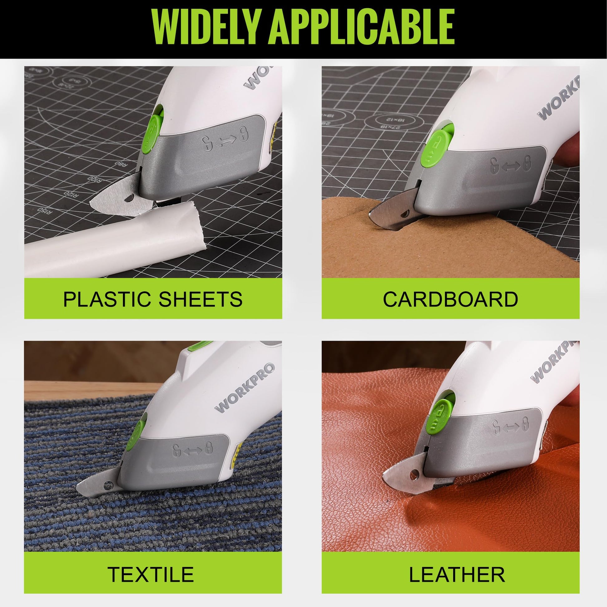 Cordless electric scissors shown for cutting plastic sheet, cardboard, textile, and leather