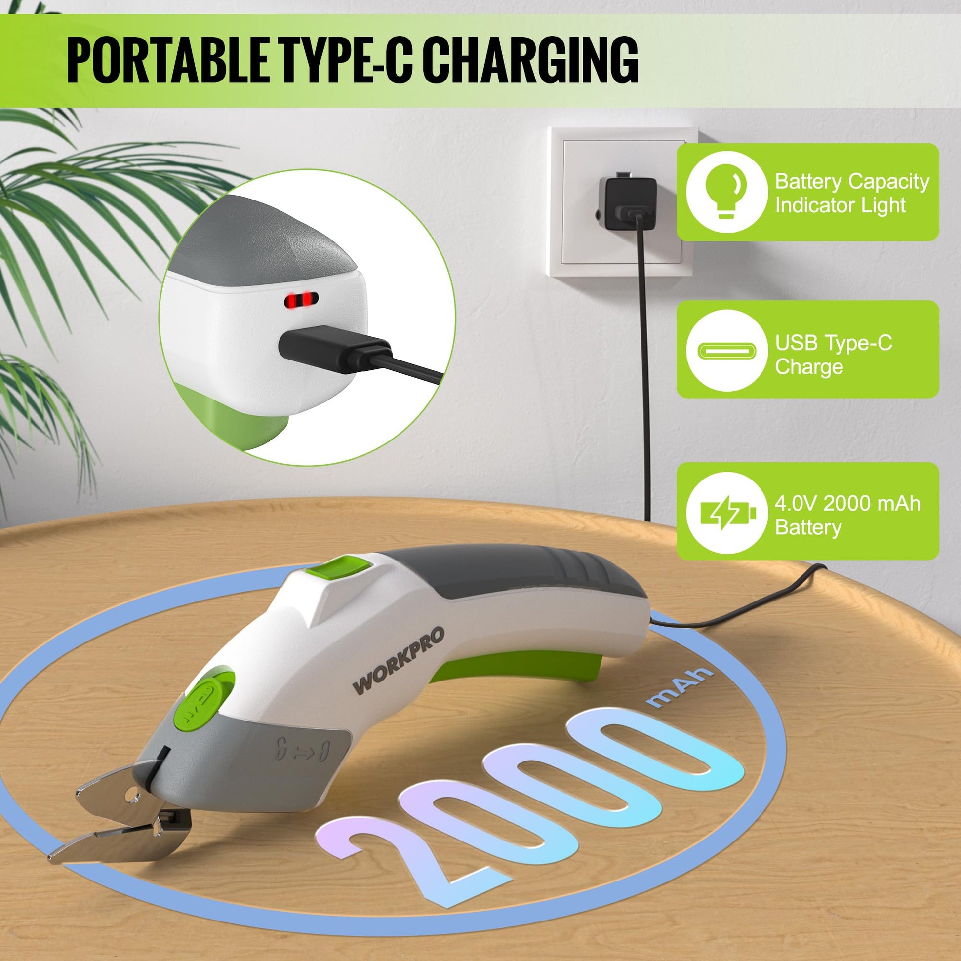 Cordless electric scissors with USB Type-C charging cable and battery indicator light