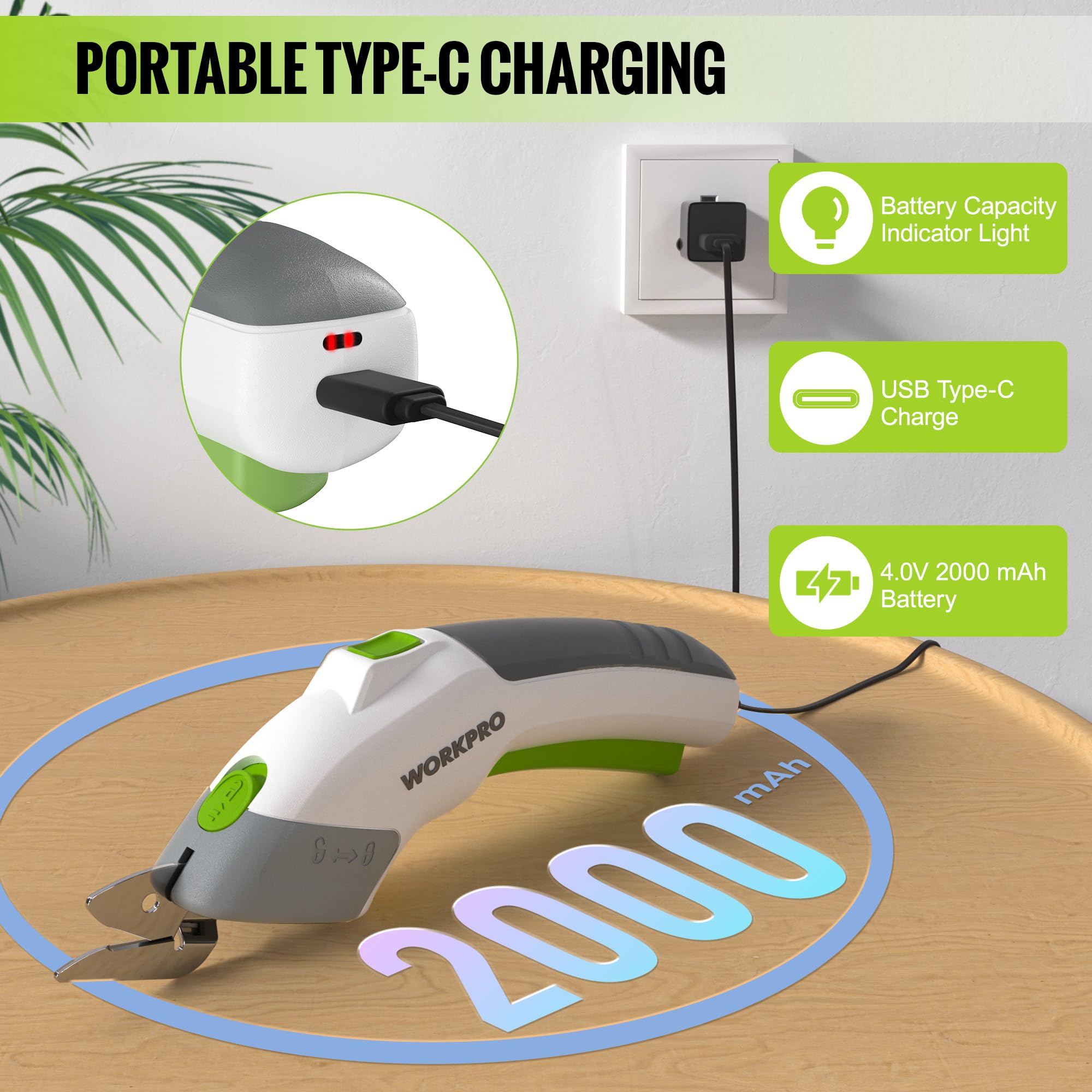 Cordless electric scissors with USB Type-C charging cable and battery indicator light