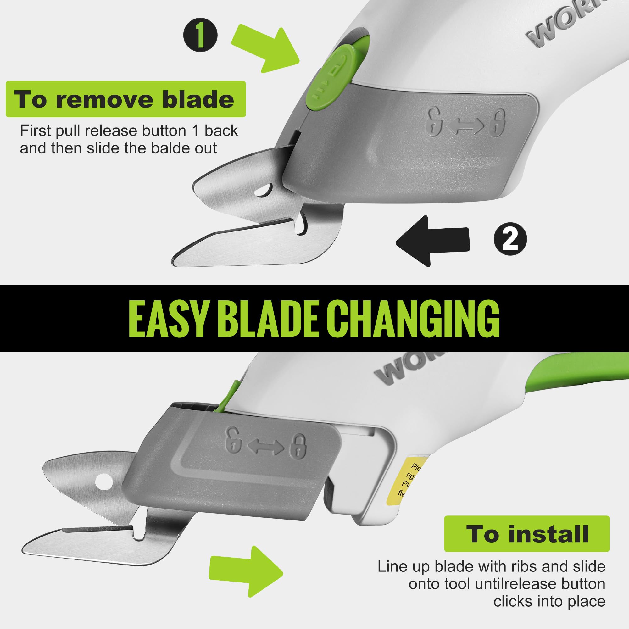 Cordless electric scissors featuring quick blade changing with lock and release controls
