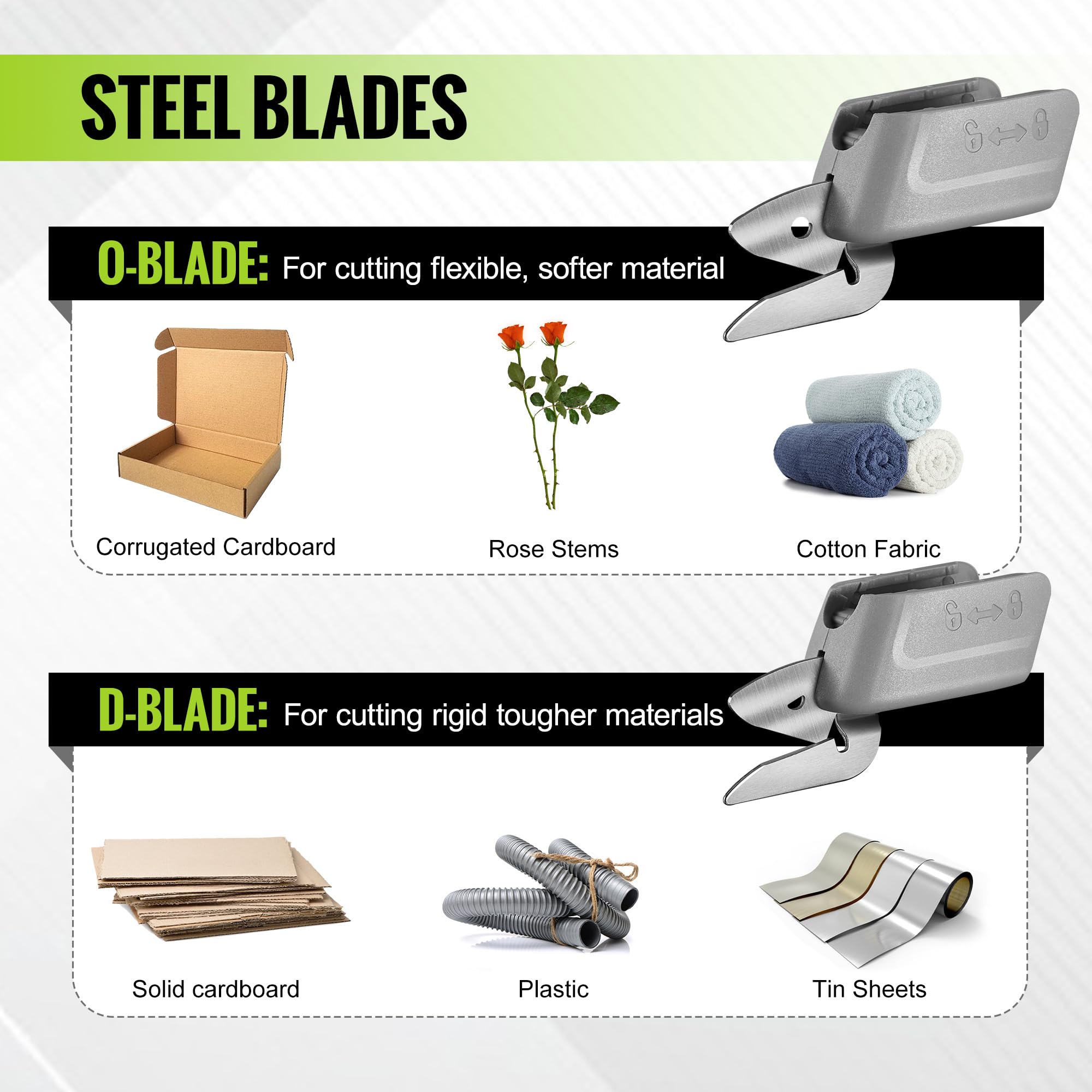 Cordless electric scissors with O-blade and D-blade for cutting flexible and rigid materials