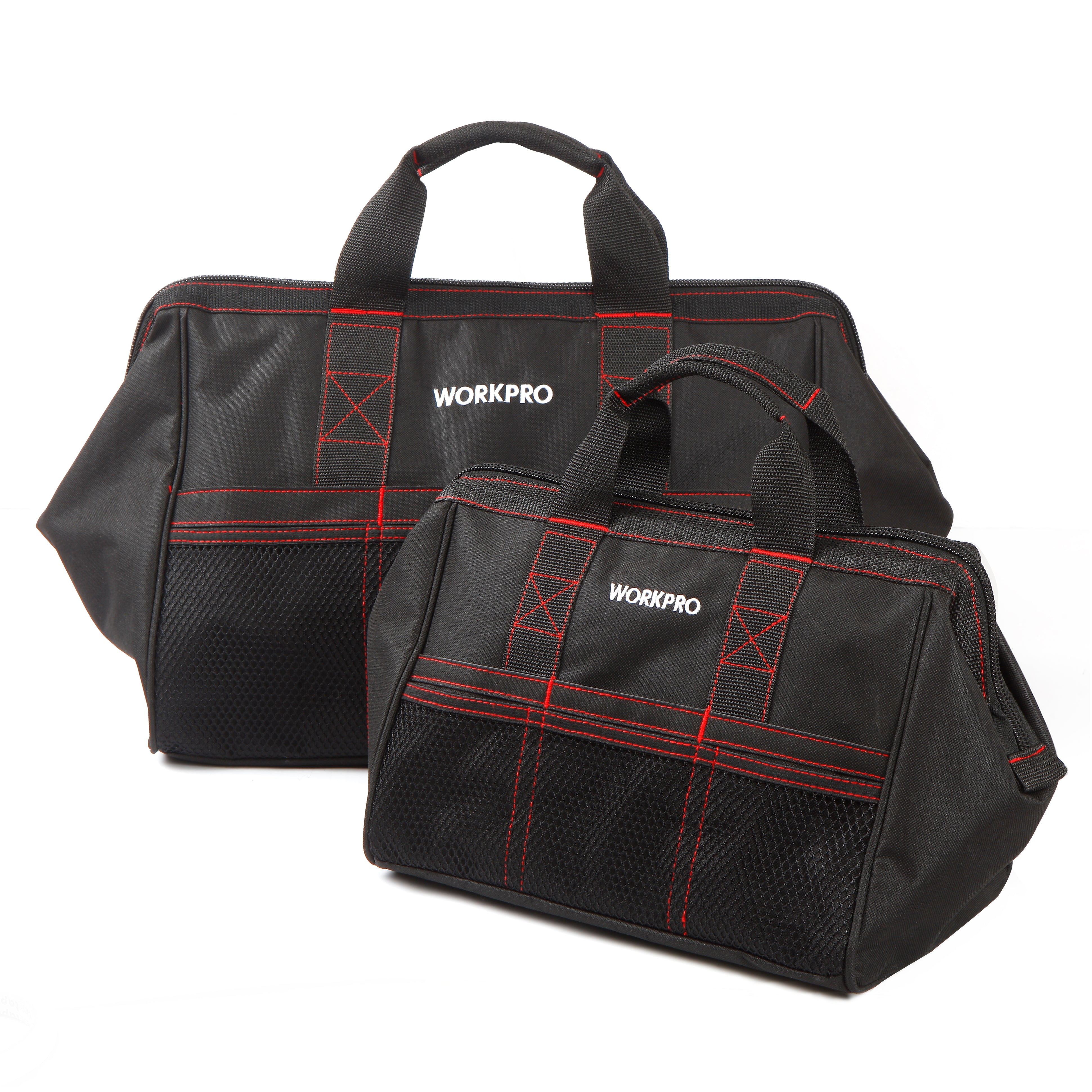 WORKPRO 2 piece tool bag set in black with red stitching, innovation quality high-quality durable secure convenient