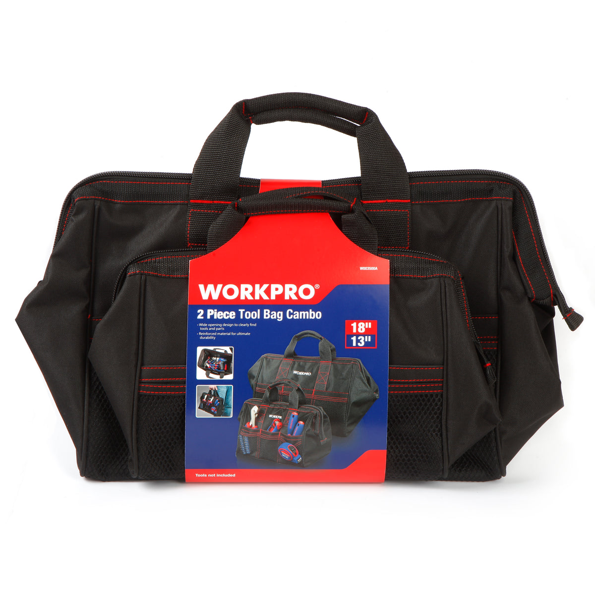 WORKPRO 2 Piece 13 inch 18 inch tool bag set in black fabric with innovation quality and secure zipper top