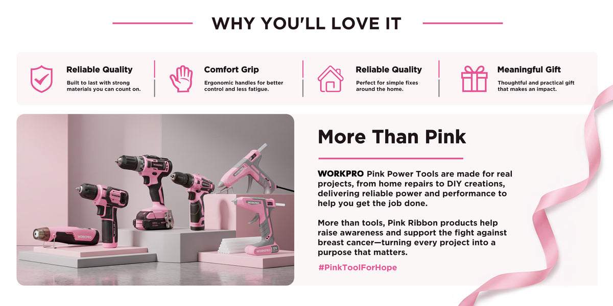 Pink cordless power tools displayed on a workbench with drills, a driver, a saw, and a heat gun