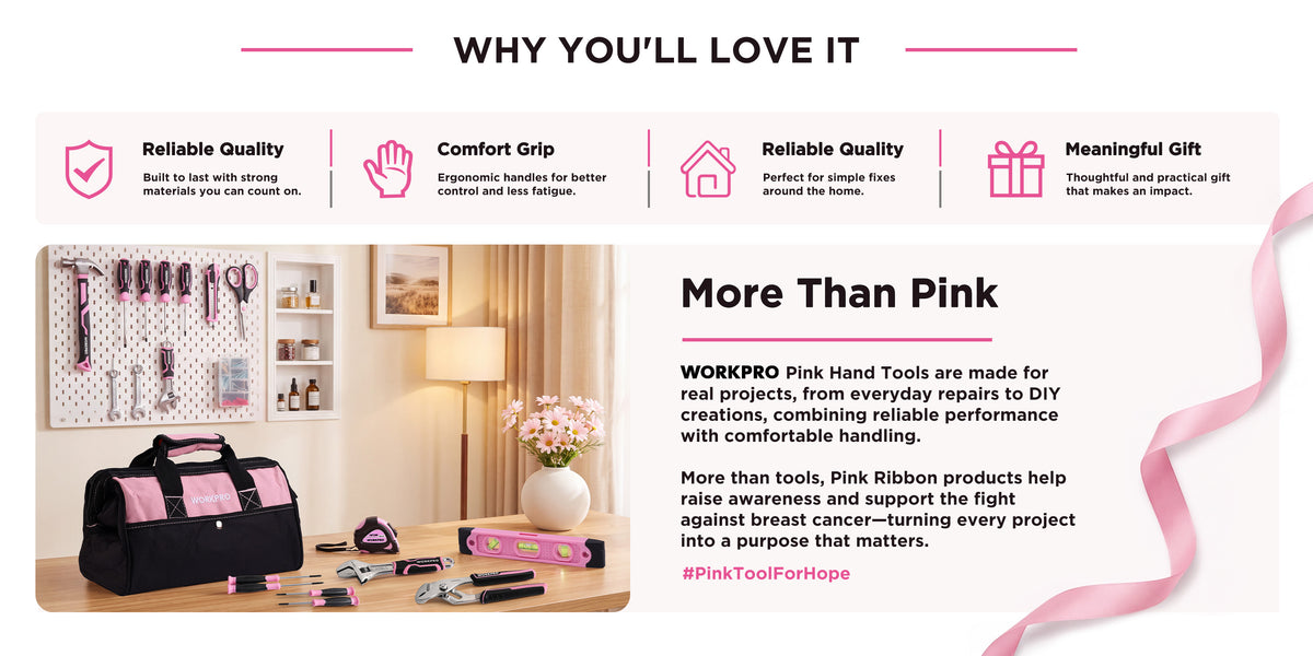 Pink tool kit with hand tools, storage bag, and accessories displayed beside feature text and gift icons