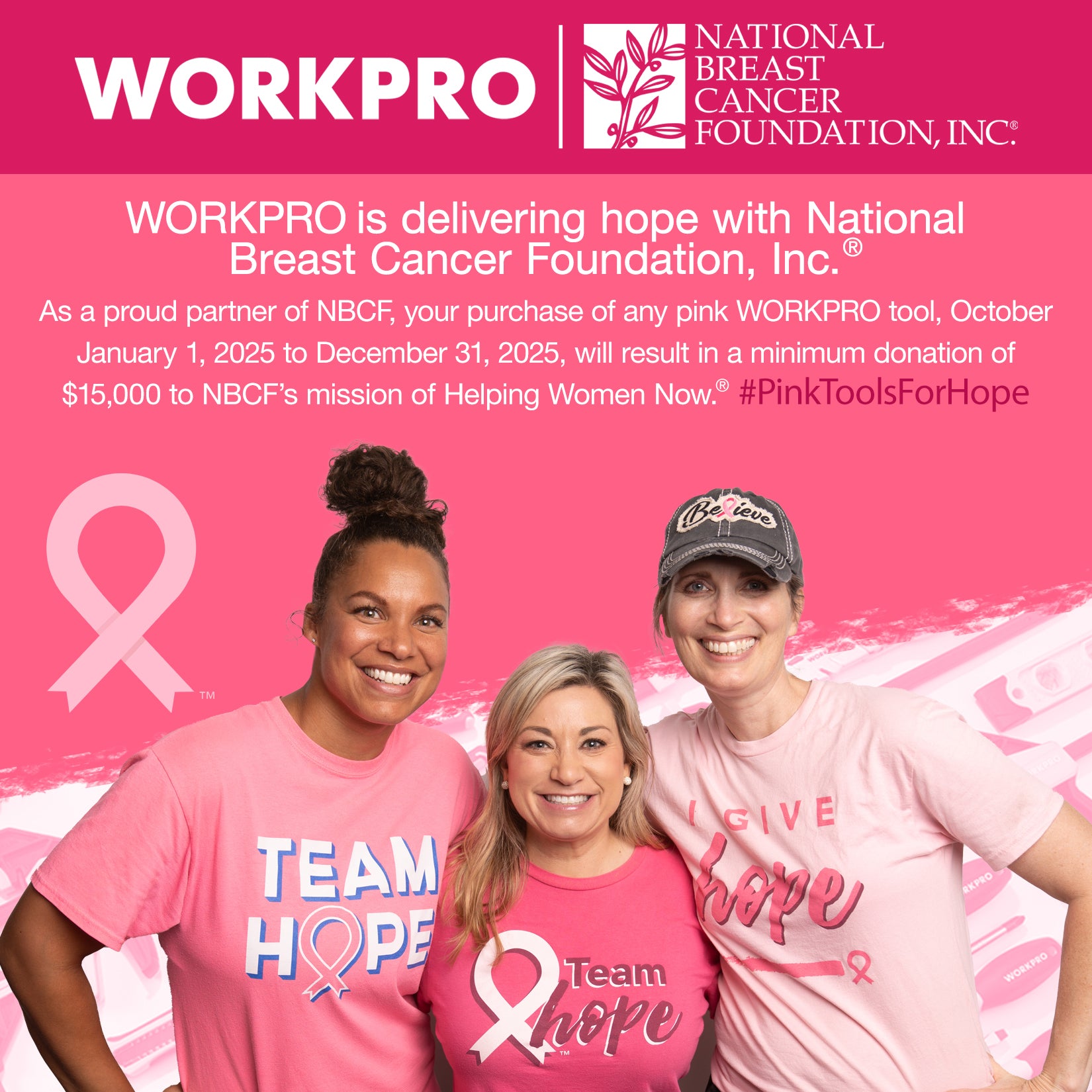 Pink awareness T-shirts worn by three people