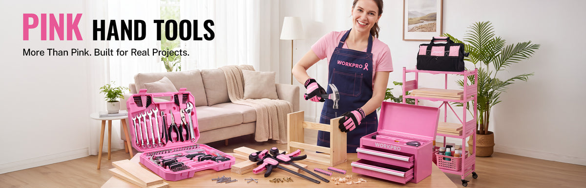 Pink hand tools displayed in cases and on a workshop cart, with a person wearing a tool belt in a living room