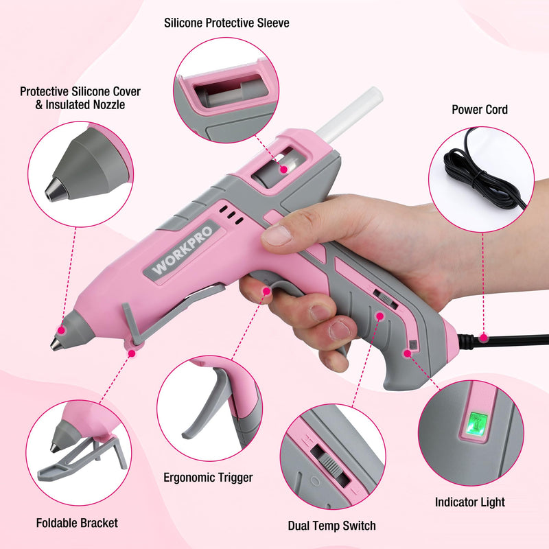WORKPRO Hot Glue Gun Full Size with 10 PCS Glue Sticks - Pink Ribbon