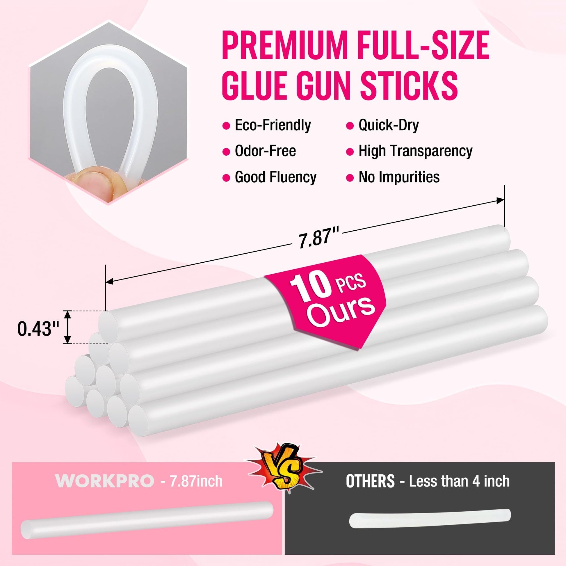 Package art for 10 full-size white hot glue sticks, with quick-dry refill set.