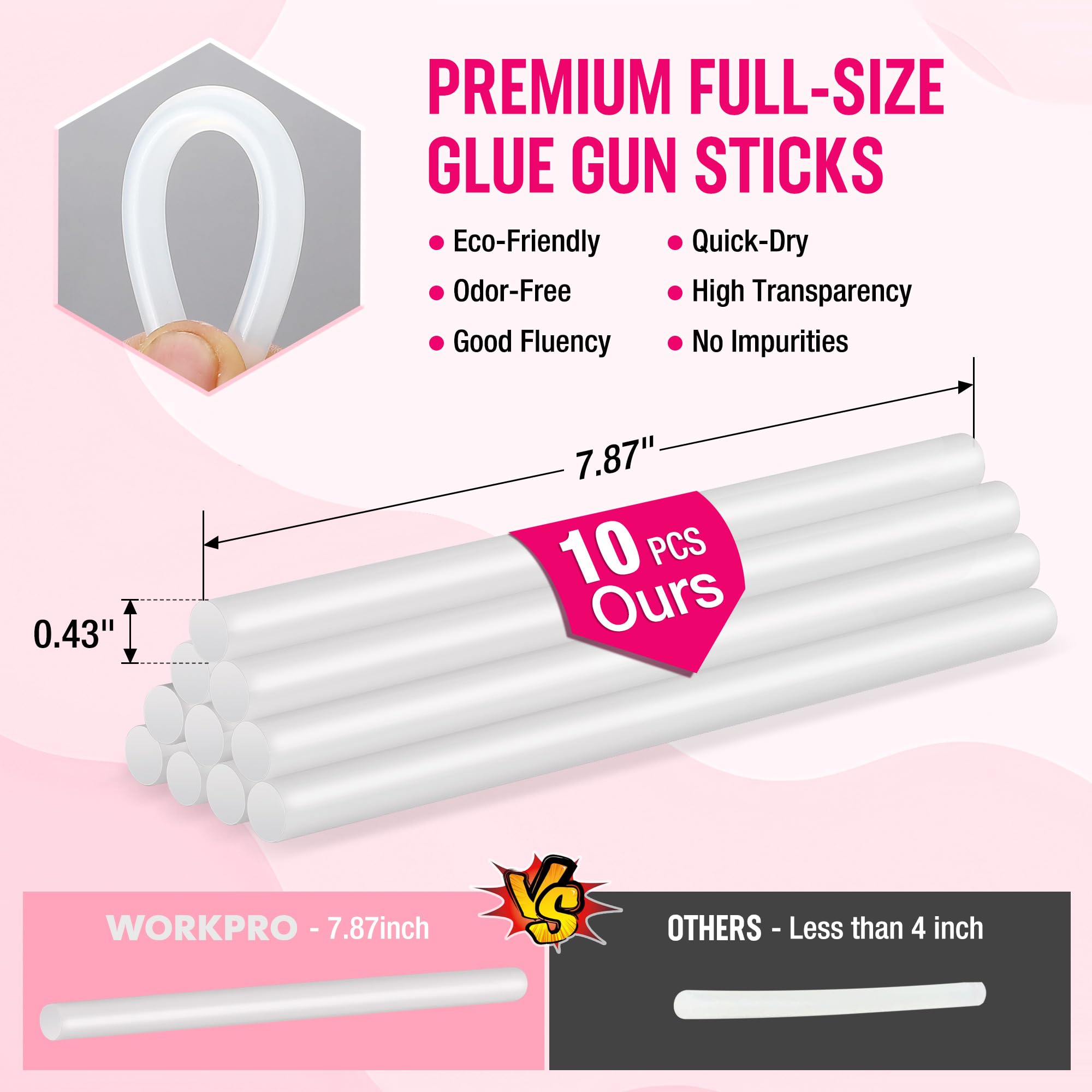Package art for 10 full-size white hot glue sticks, with quick-dry refill set.