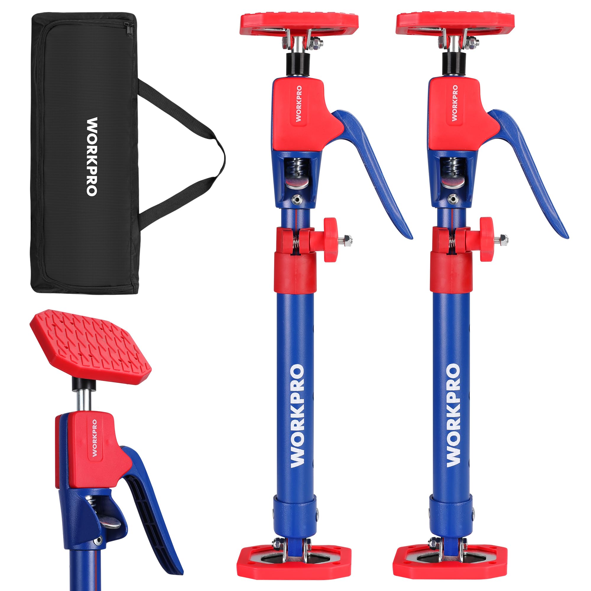 Cabinet jack support pole set with red-blue posts, red bases, and black carry bag