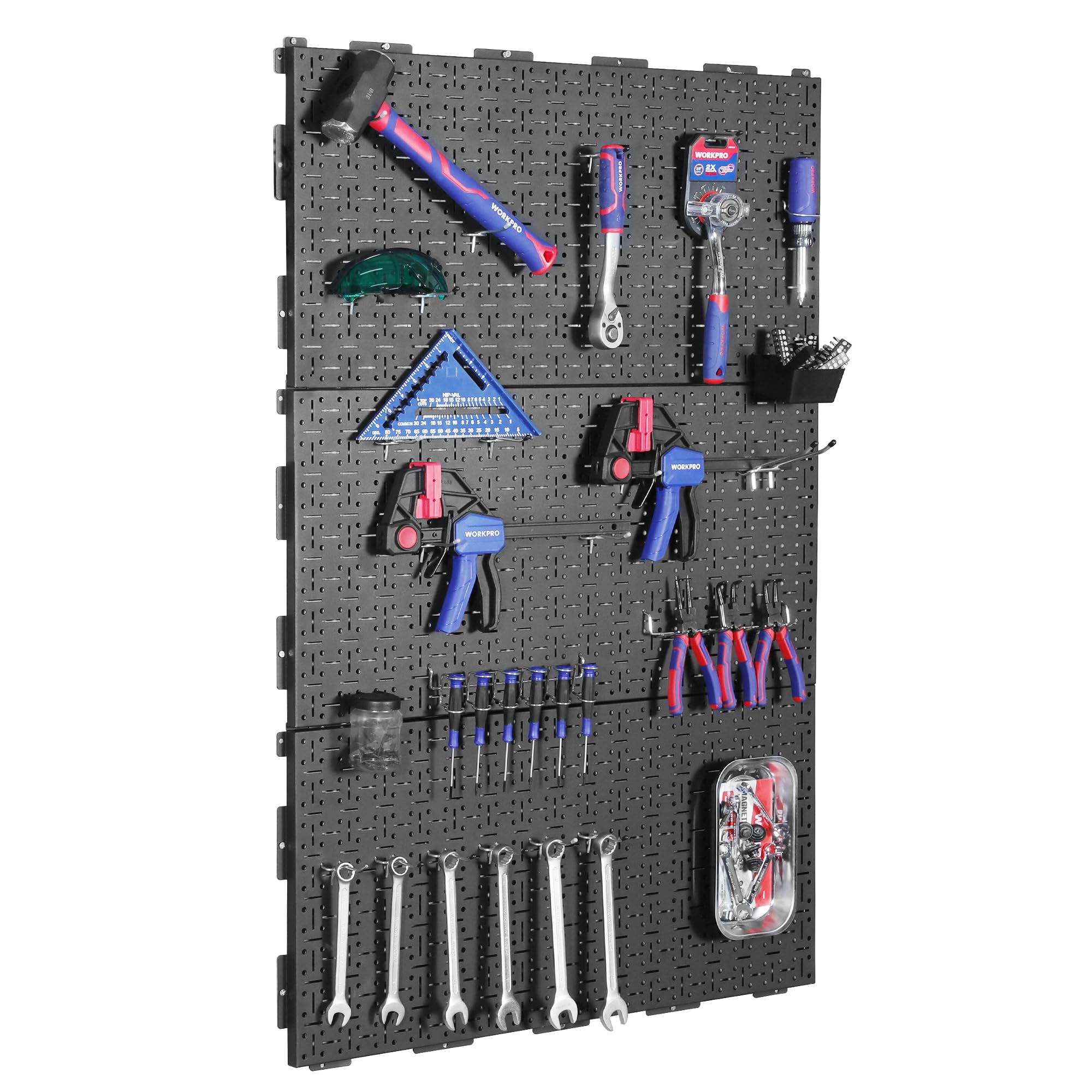 Black metal pegboard wall panel with screwdrivers, tools, and hanging hooks