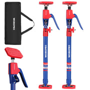 Cabinet jack support pole set with two blue poles, red clamps, and black carry bag