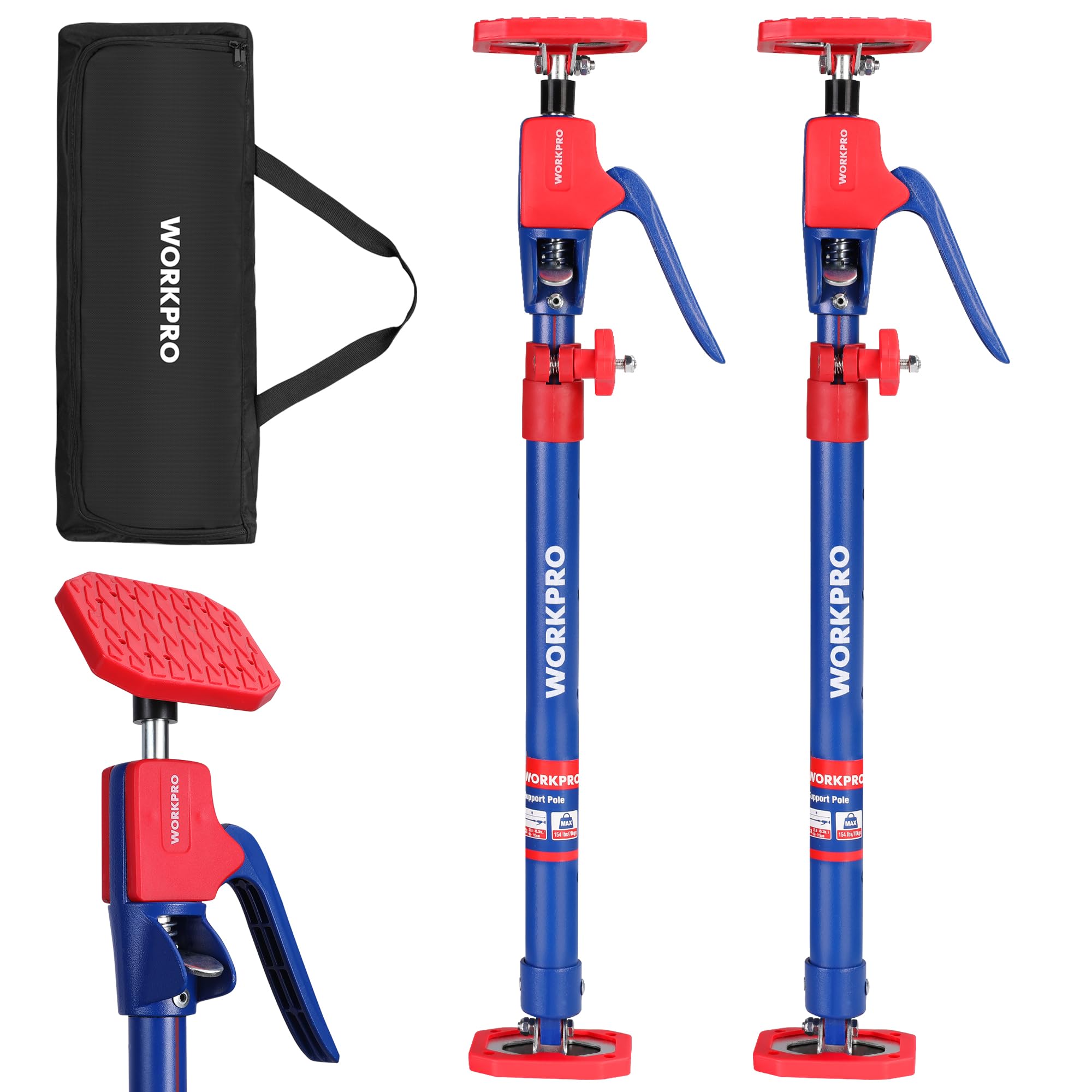 Cabinet jack support pole set with two blue poles, red clamps, and black carry bag