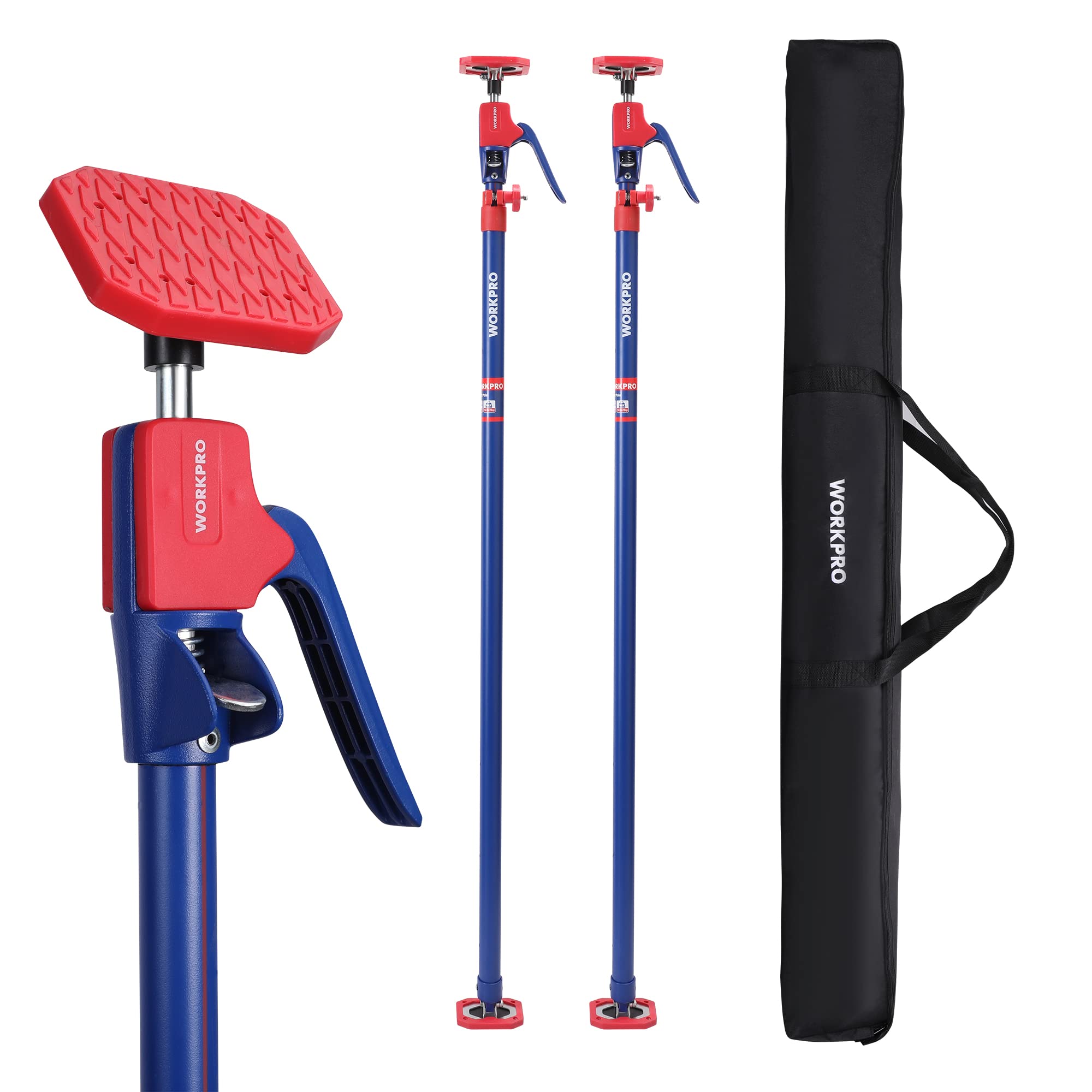 Cabinet jack support pole pair with blue posts, red handle, and included black storage bag
