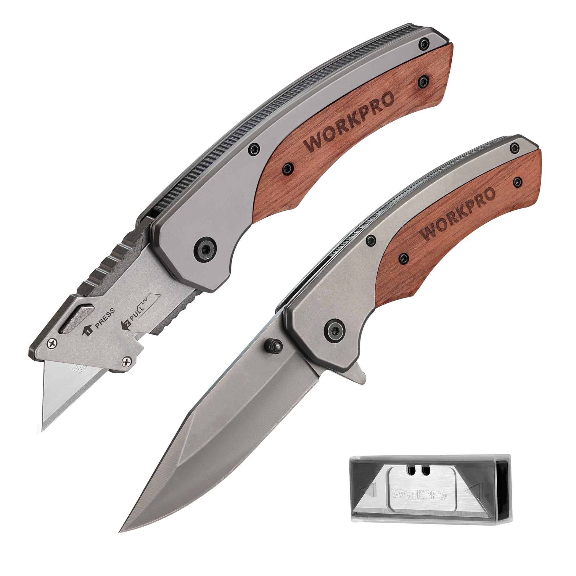WORKPRO Folding Utility Knife and EDC Pocket Knife with wood handle, innovation and durable quality, secure