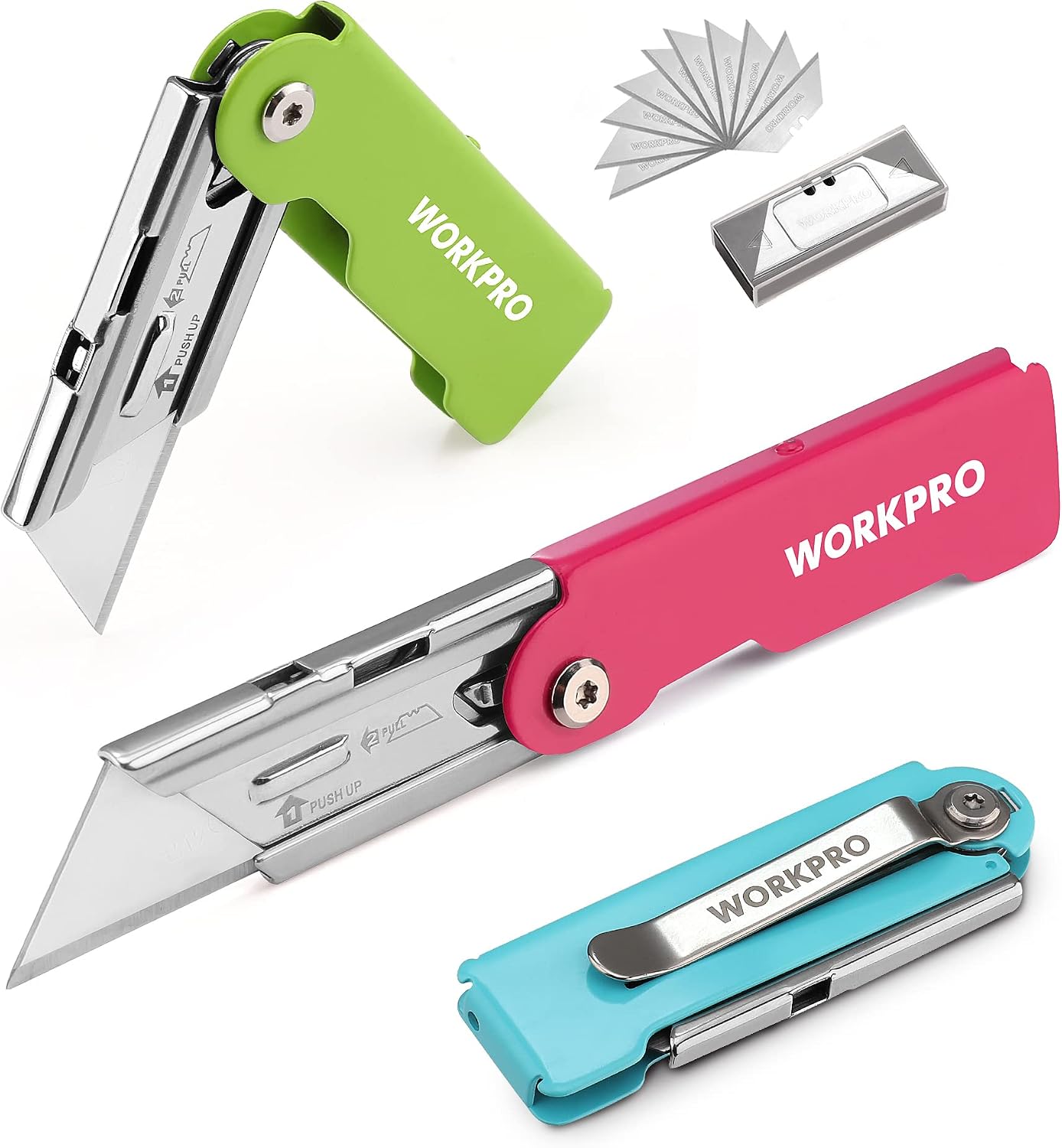 WORKPRO 3-Pack folding utility knife set with quick change blades, secure durable quality innovation
