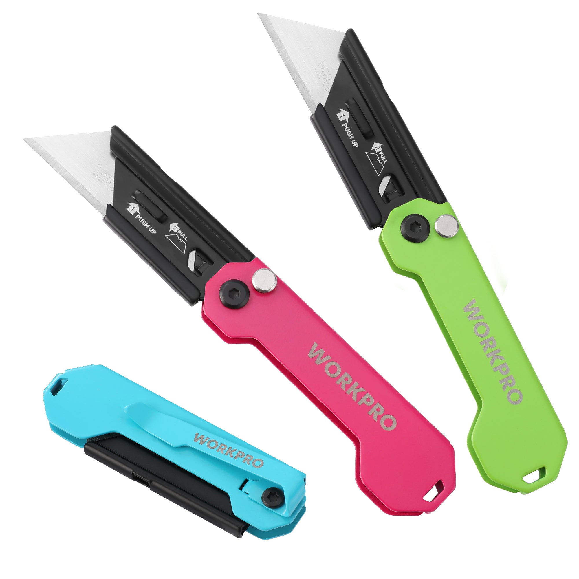Three colorful pocket knives with 'WORKPRO' branding on a white background