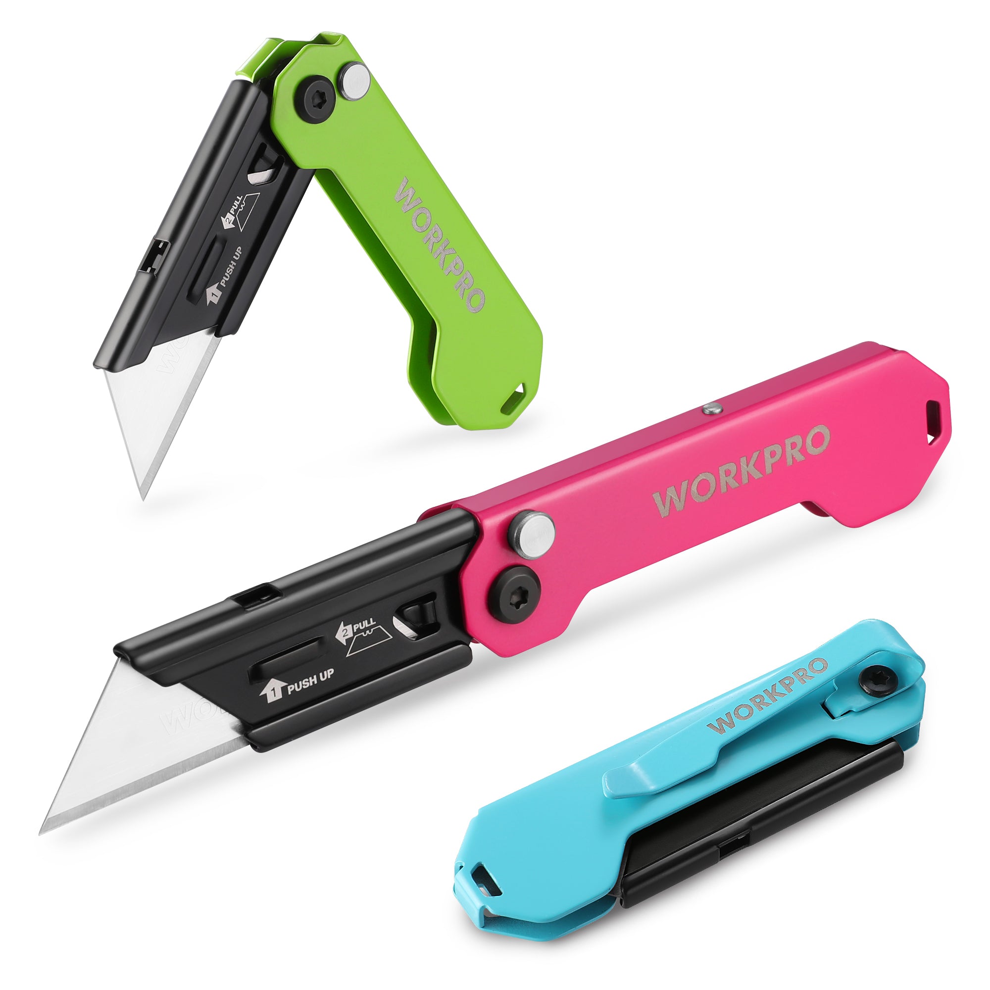 Three colorful folding knives with 'WORKPRO' branding on a white background