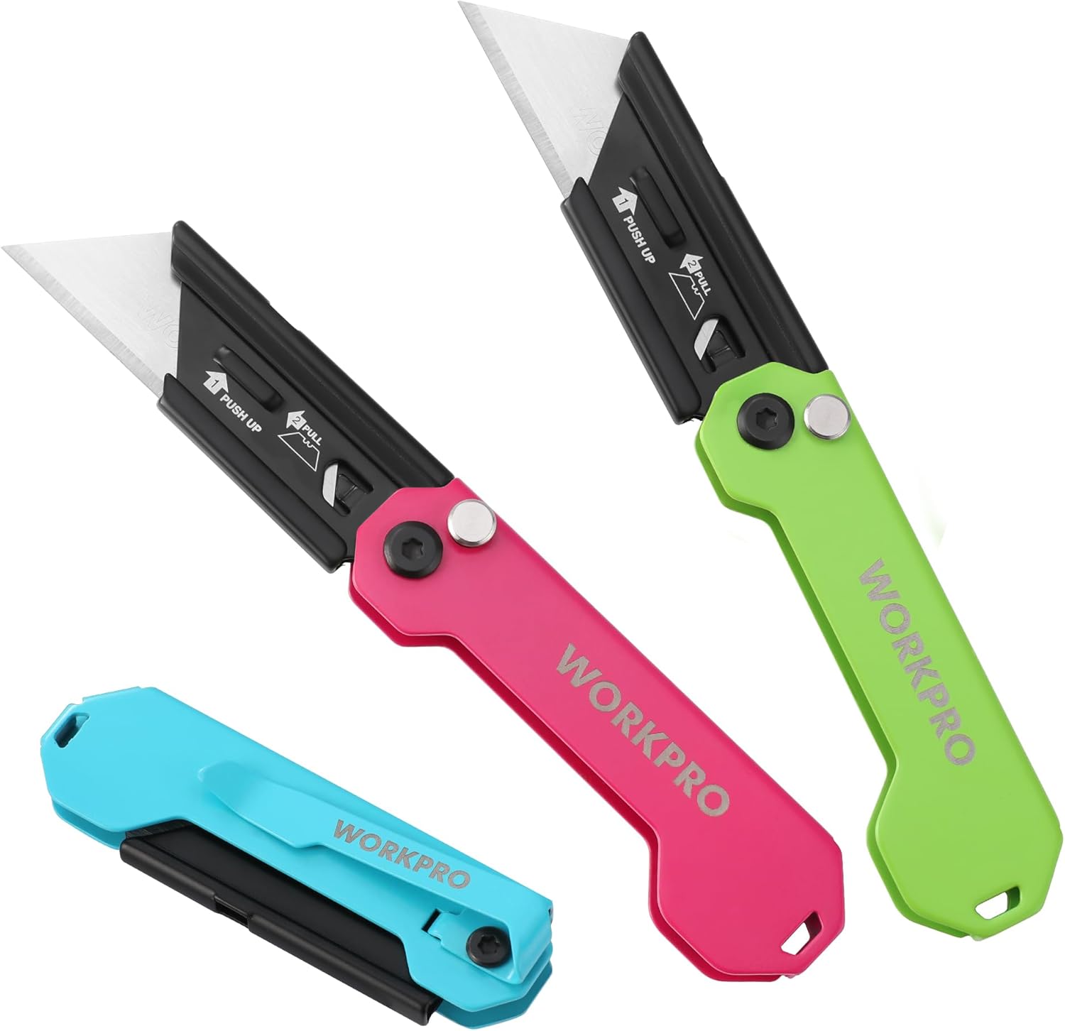 Three colorful folding knives with 'WORKPRO' branding on a white background