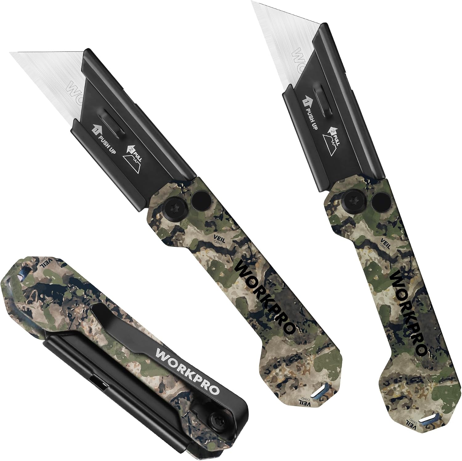 Three camouflage folding knives with 'Workpro' branding on a white background
