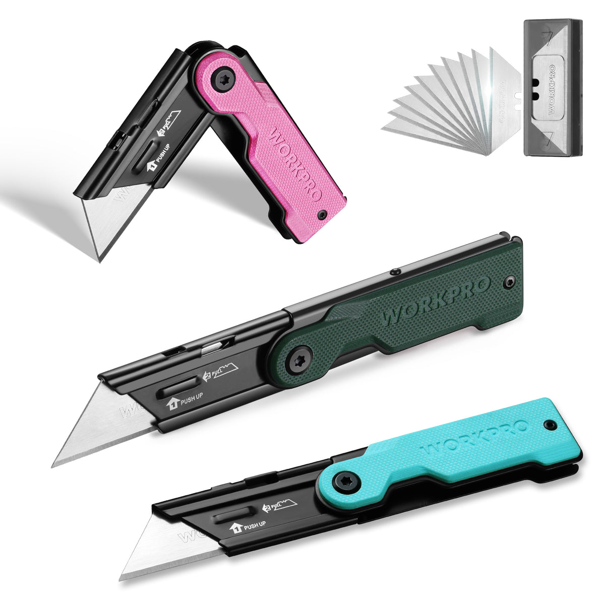 WORKPRO 3-Pack folding utility knife set with pink and black G10 handle, innovation quality high-quality