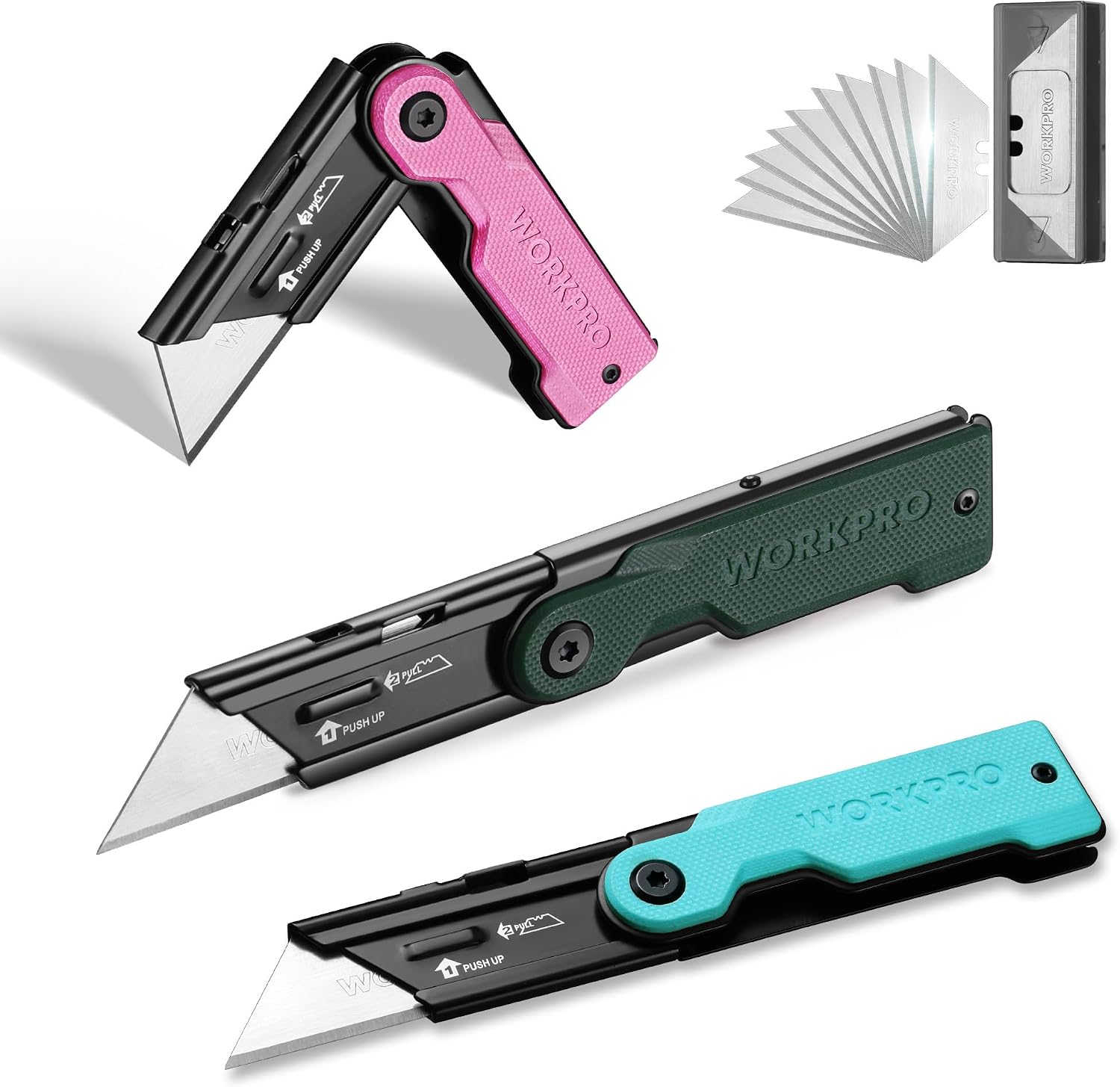 WORKPRO 3-Pack Folding Utility Knife Set with G10 handle, quick change folding box cutter blades