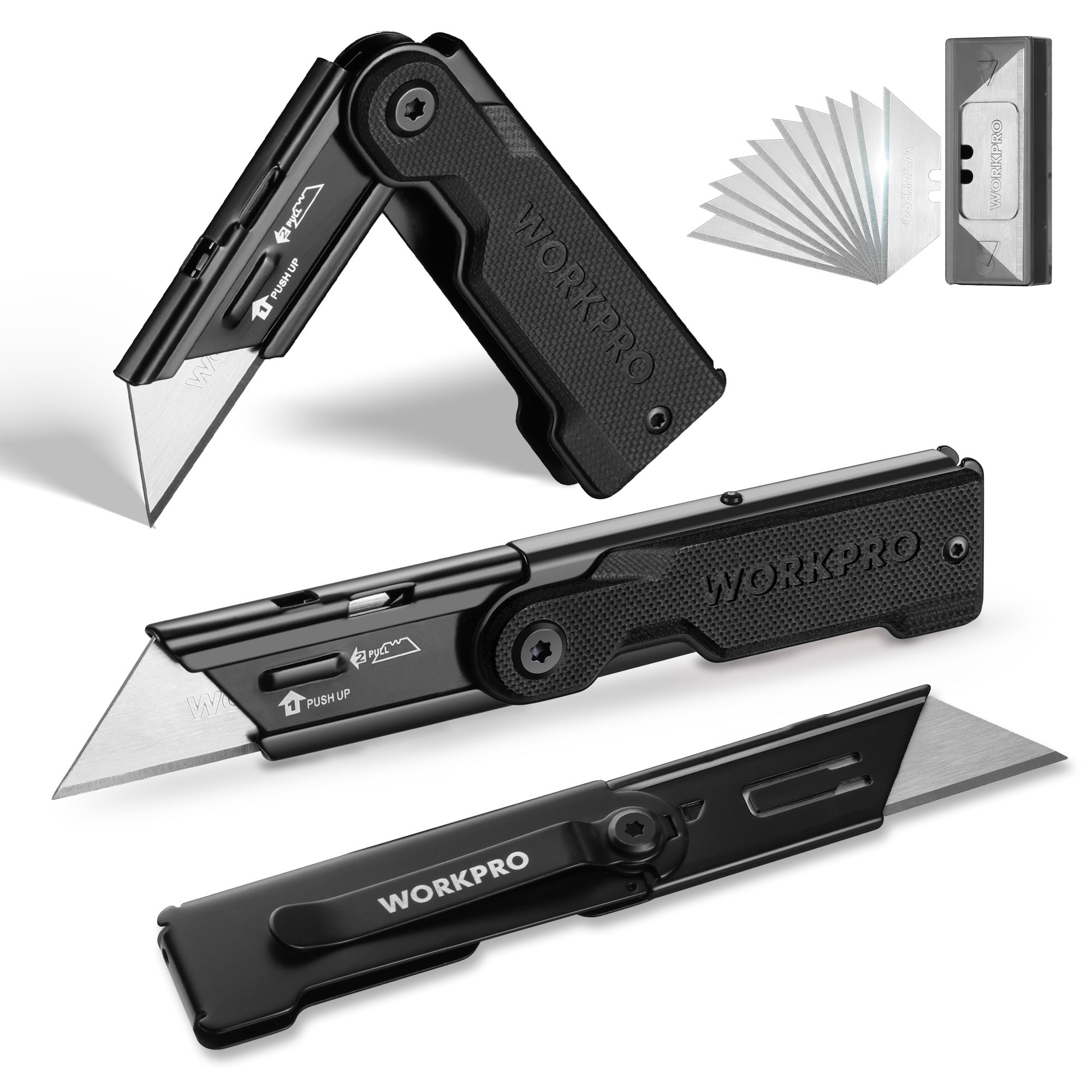 WORKPRO 3-Pack Folding Utility Knife Set, G10 Handle Box Cutter with 10 Extra SK5 Blades, Quick-Change Razor Knife with Belt Clip, EDC Utility Knife for DIY, Office, Home, Arts & Crafts – Black
