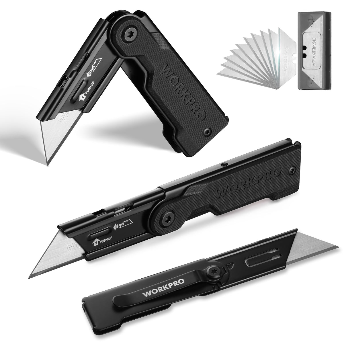 WORKPRO 3-Pack Folding Utility Knife Set with innovation black G10 handle and stainless steel body, quality