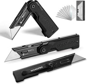 Three WORKPRO brand folding knives with blades open on a white background