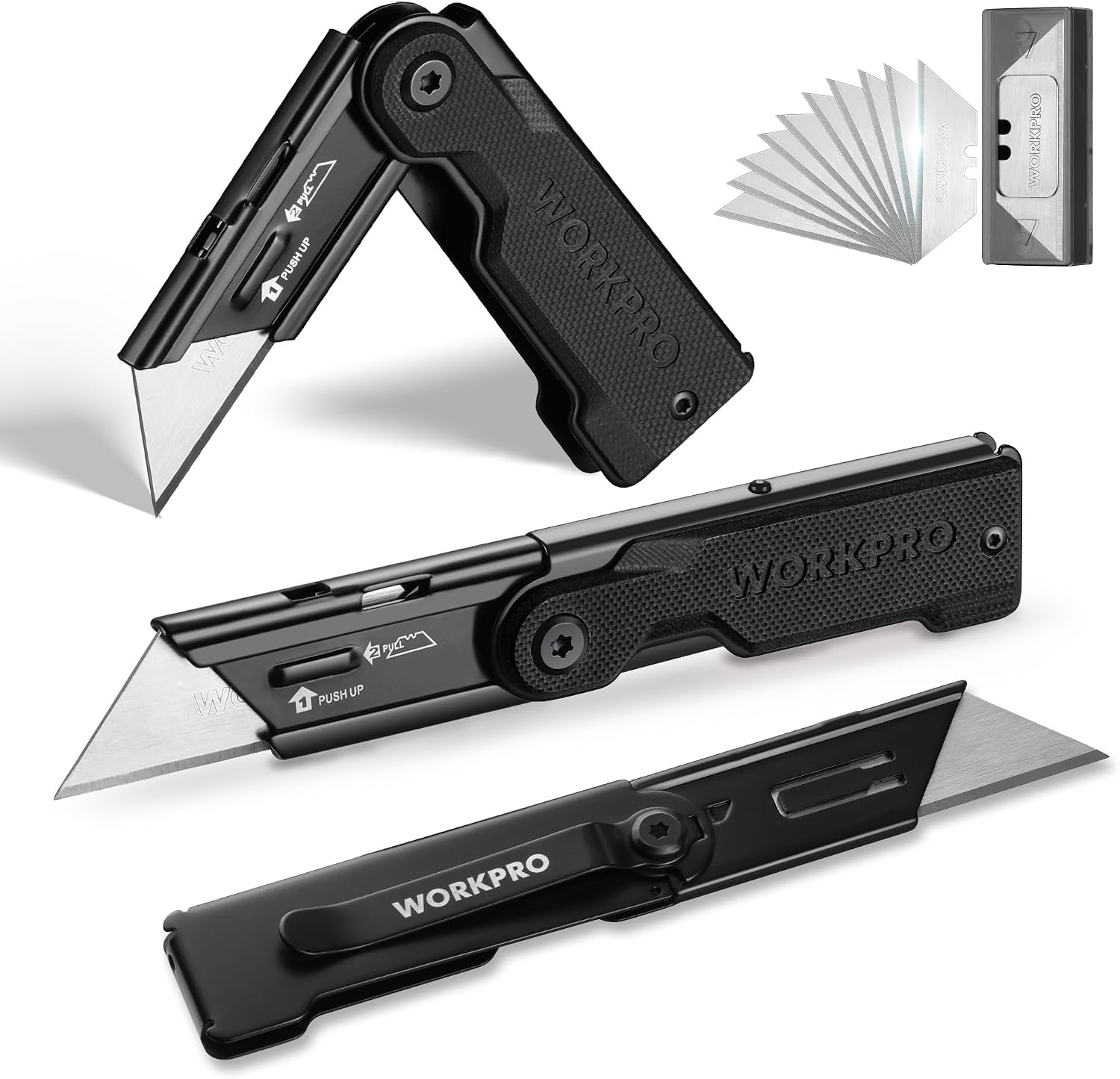 Three WORKPRO brand folding knives with blades open on a white background
