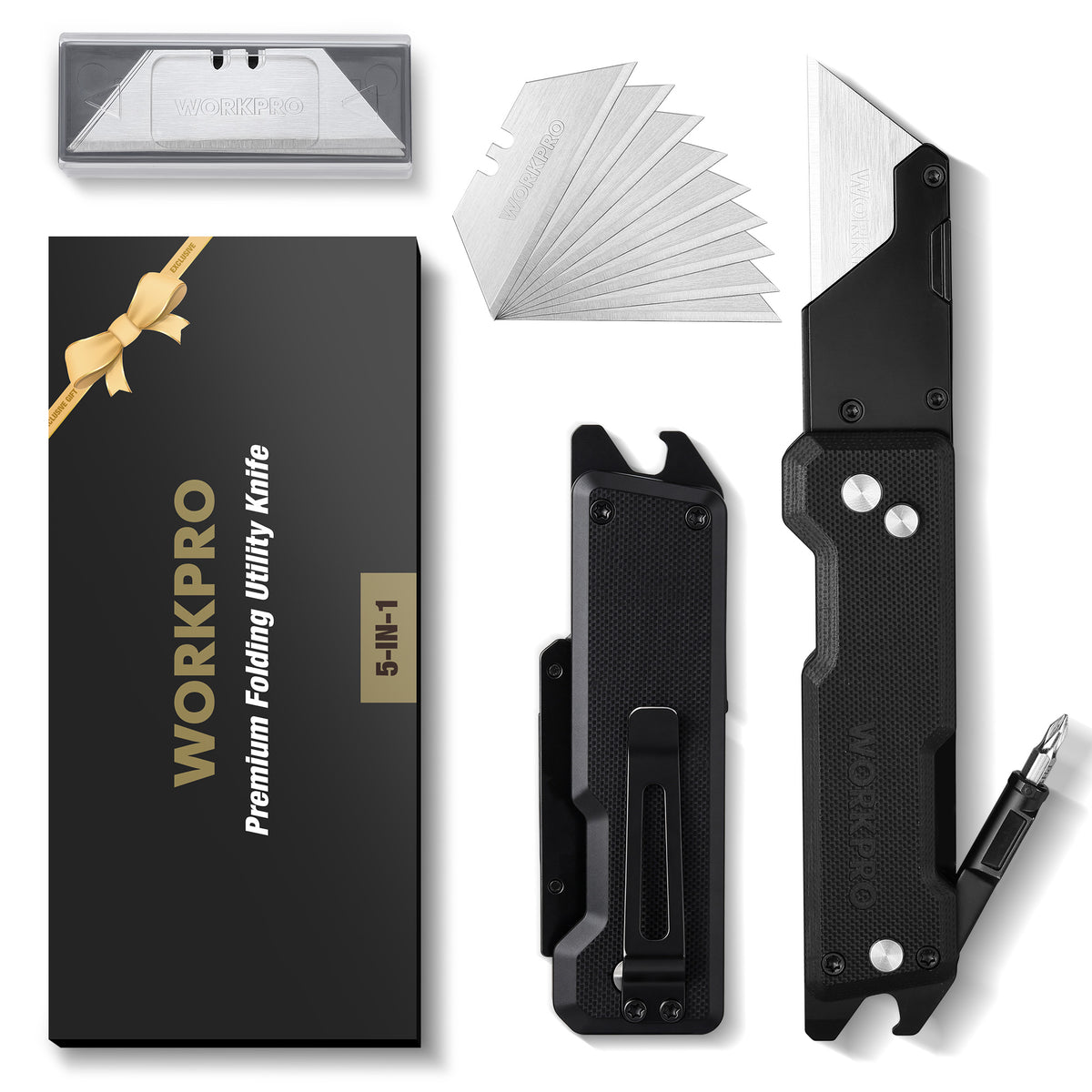 WORKPRO CNC Machined Utility Knife with extra 10 Blades, G10 Black Handle