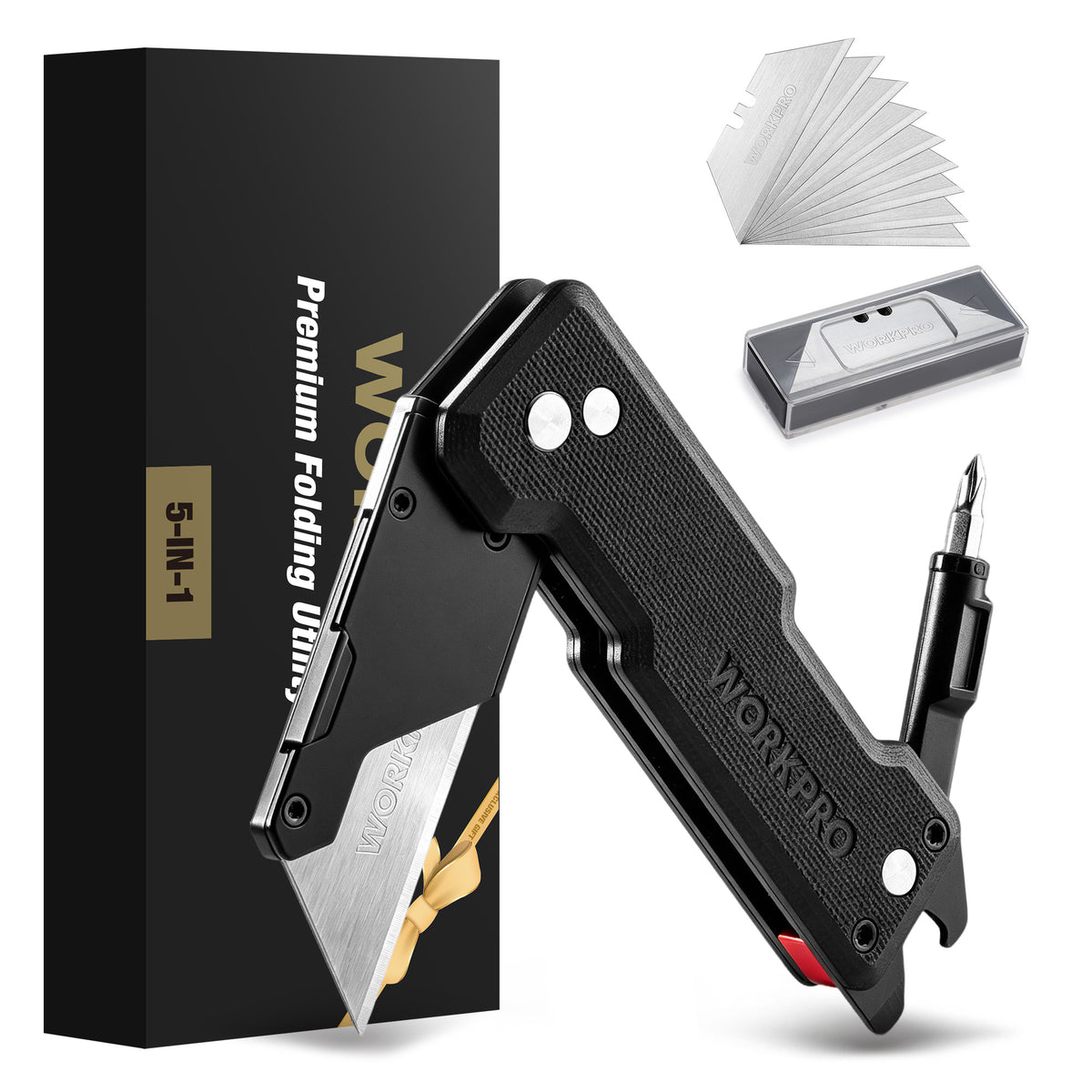 WORKPRO CNC Machined Utility Knife with extra 10 Blades, G10 Black Handle