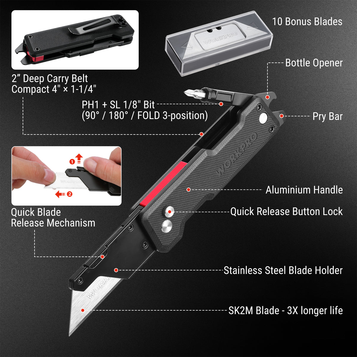 WORKPRO CNC Machined Utility Knife with extra 10 Blades, G10 Black Handle