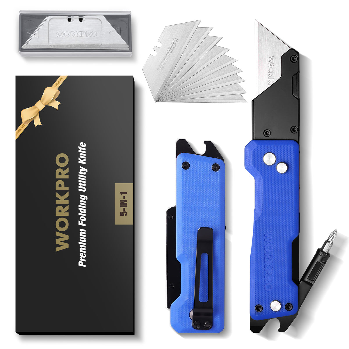 WORKPRO CNC Machined Utility Knife with extra 10 Blades, G10 Blue Handle
