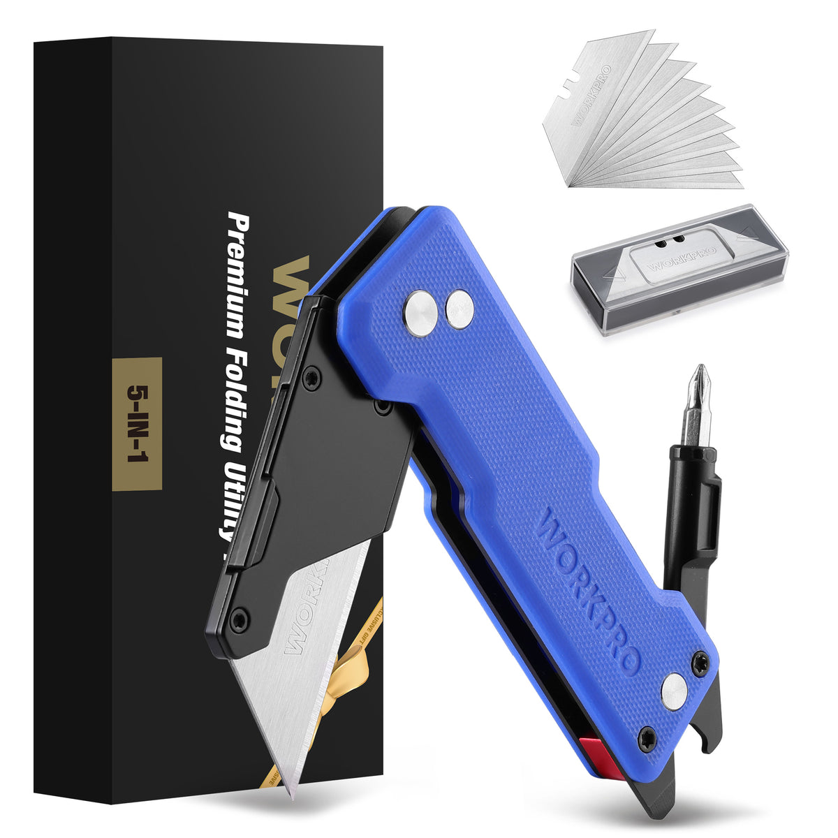 WORKPRO CNC Machined Utility Knife with extra 10 Blades, G10 Blue Handle