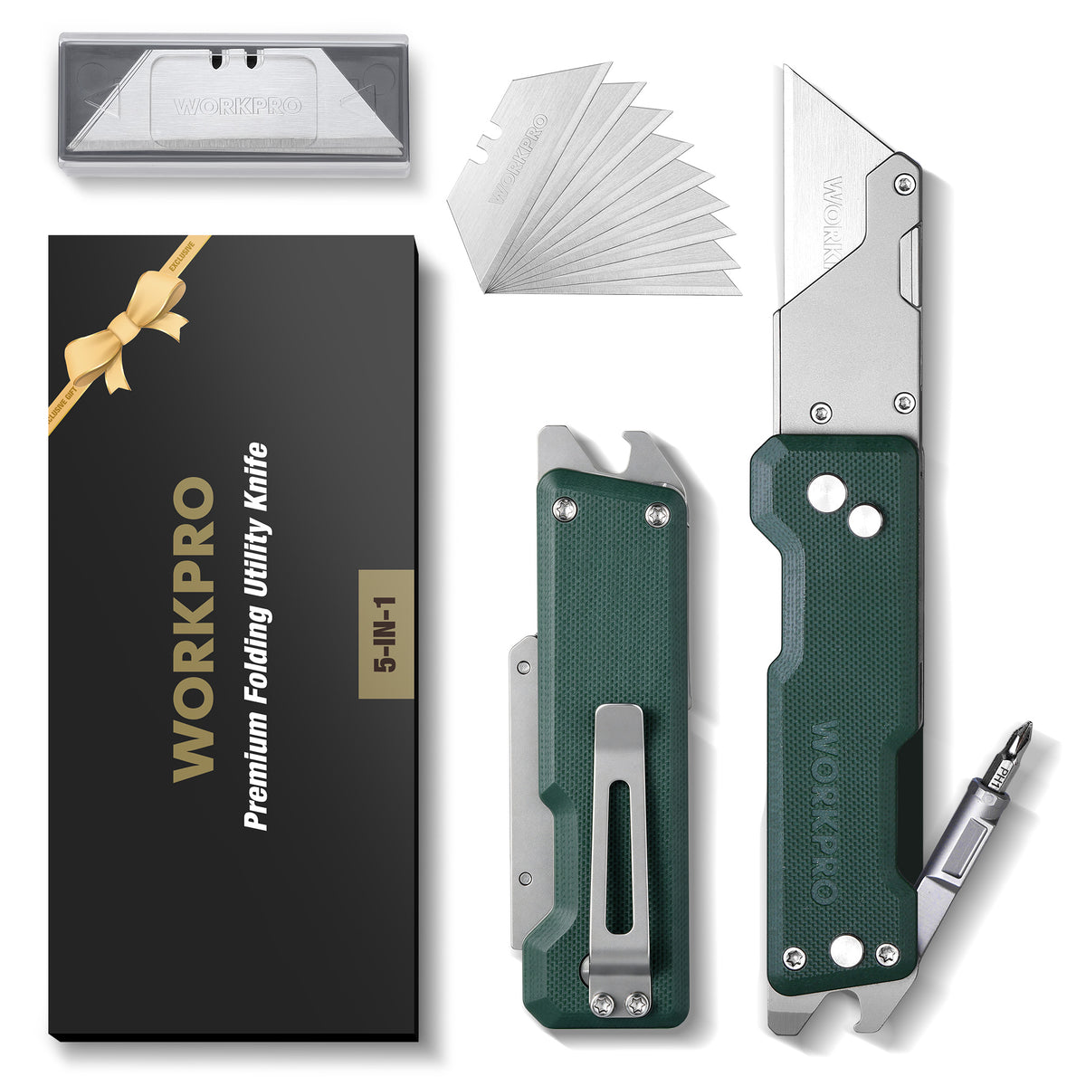 WORKPRO CNC Machined Utility Knife with extra 10 Blades, G10 Green Handle